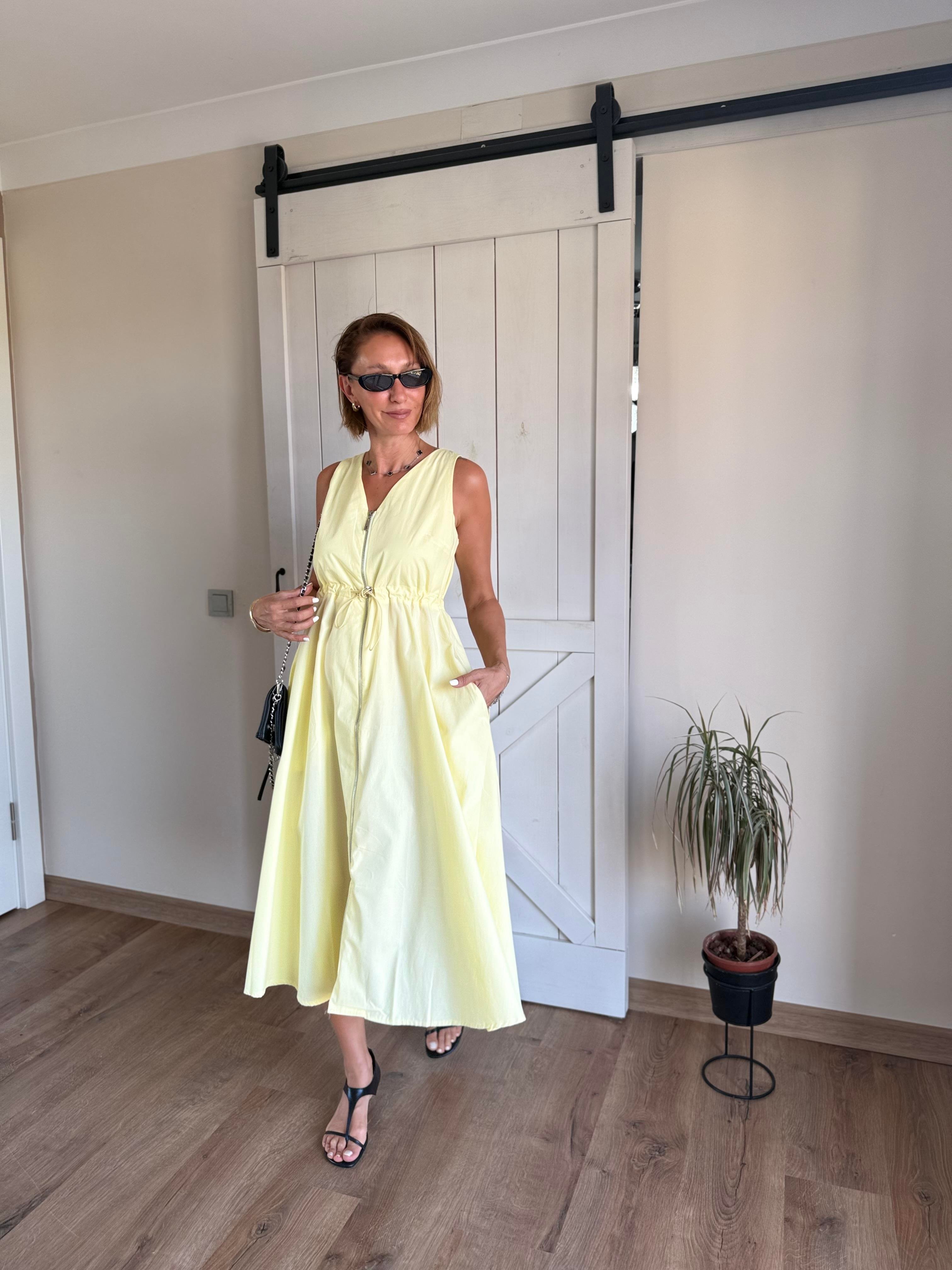 Sarı Fermuarlı Poplin Elbise