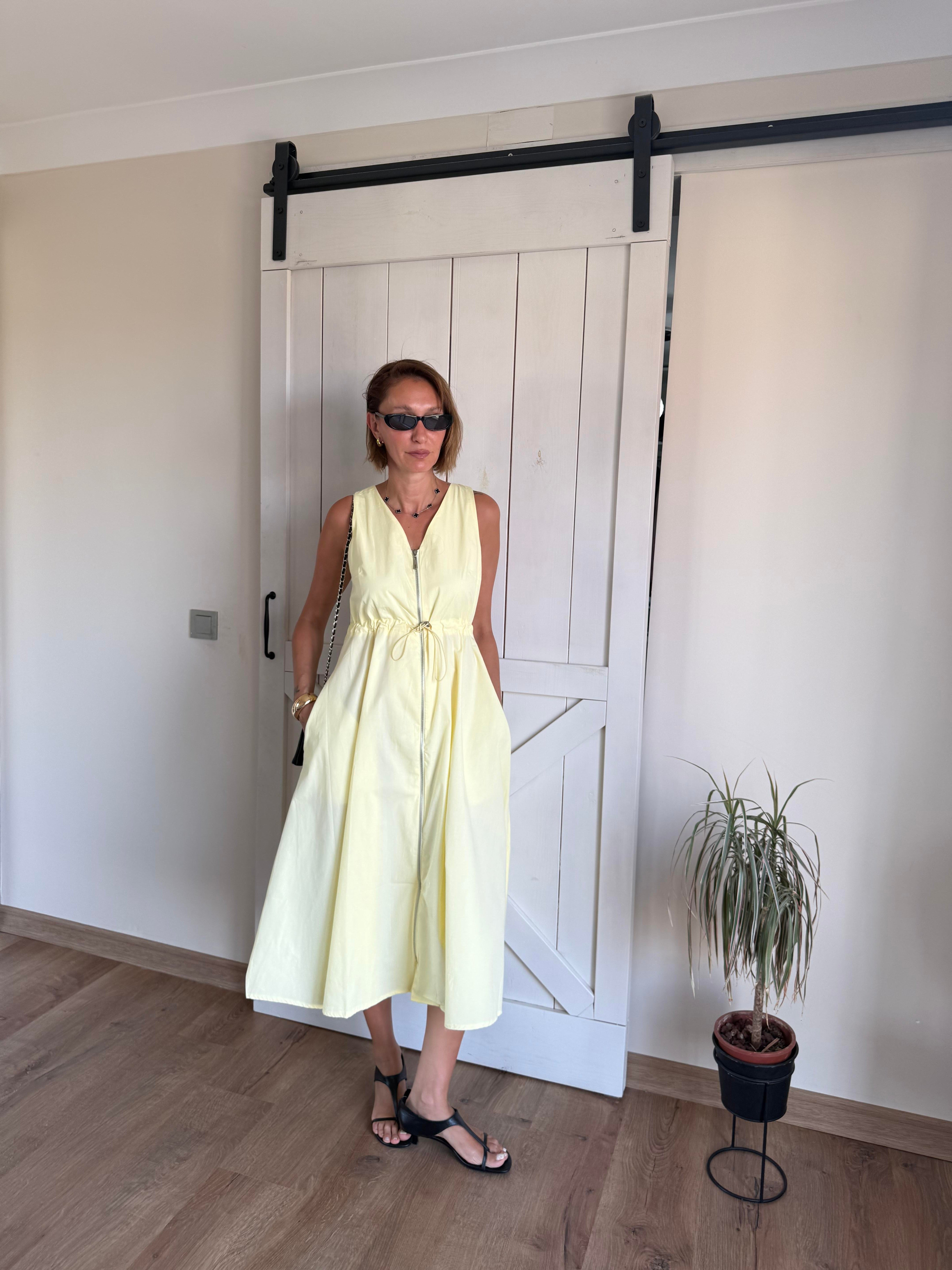 Sarı Fermuarlı Poplin Elbise