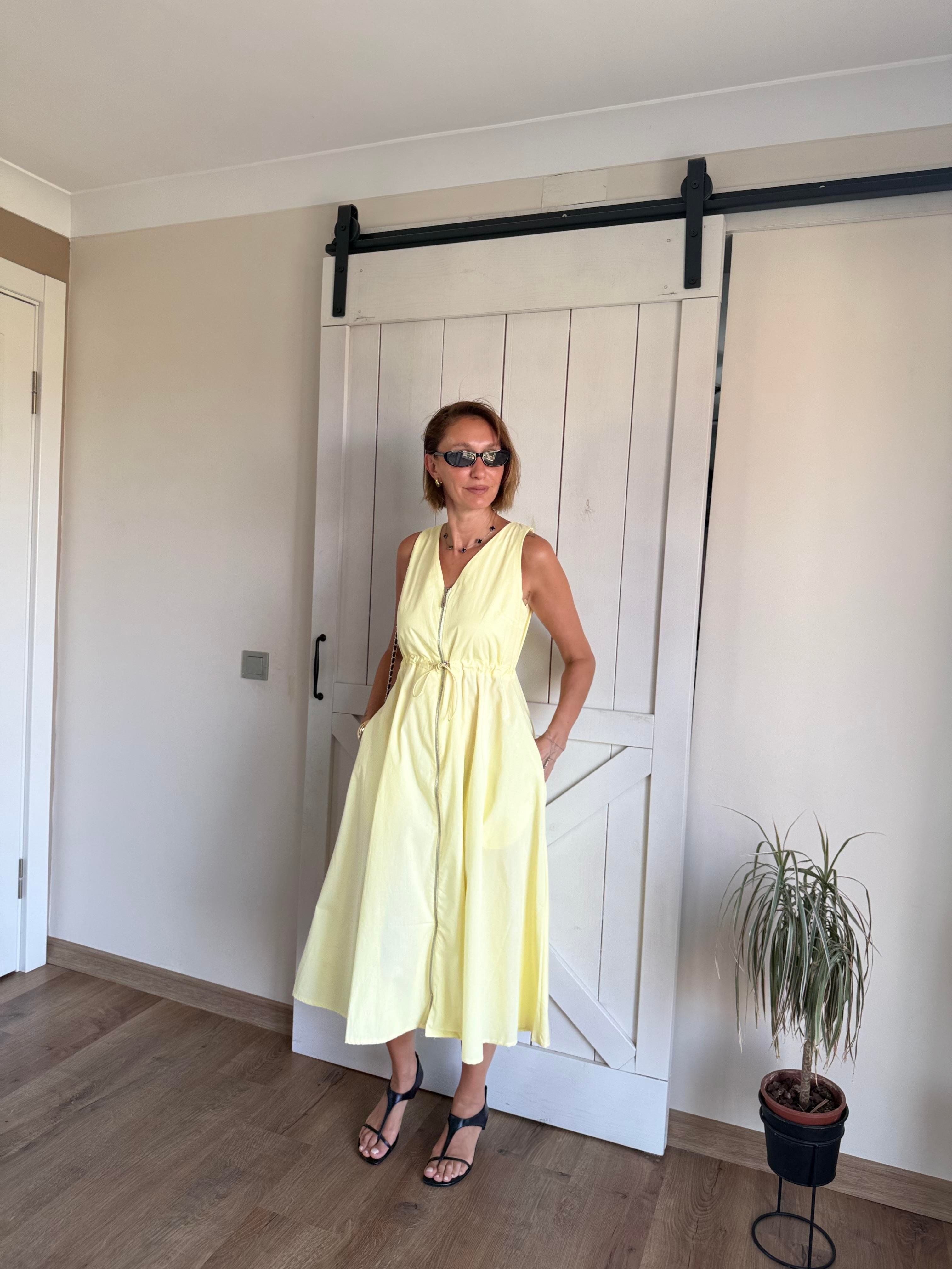 Sarı Fermuarlı Poplin Elbise