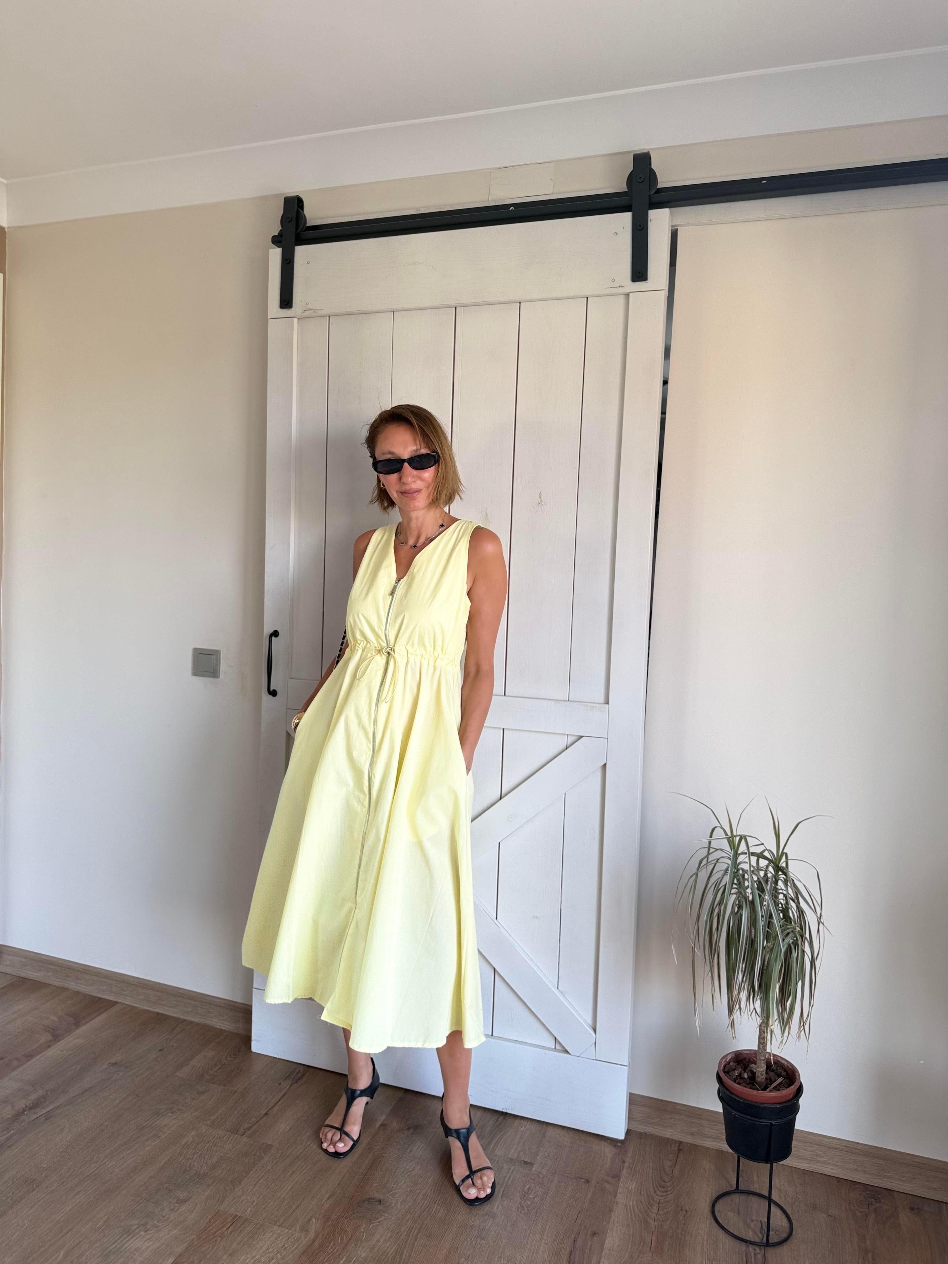 Sarı Fermuarlı Poplin Elbise