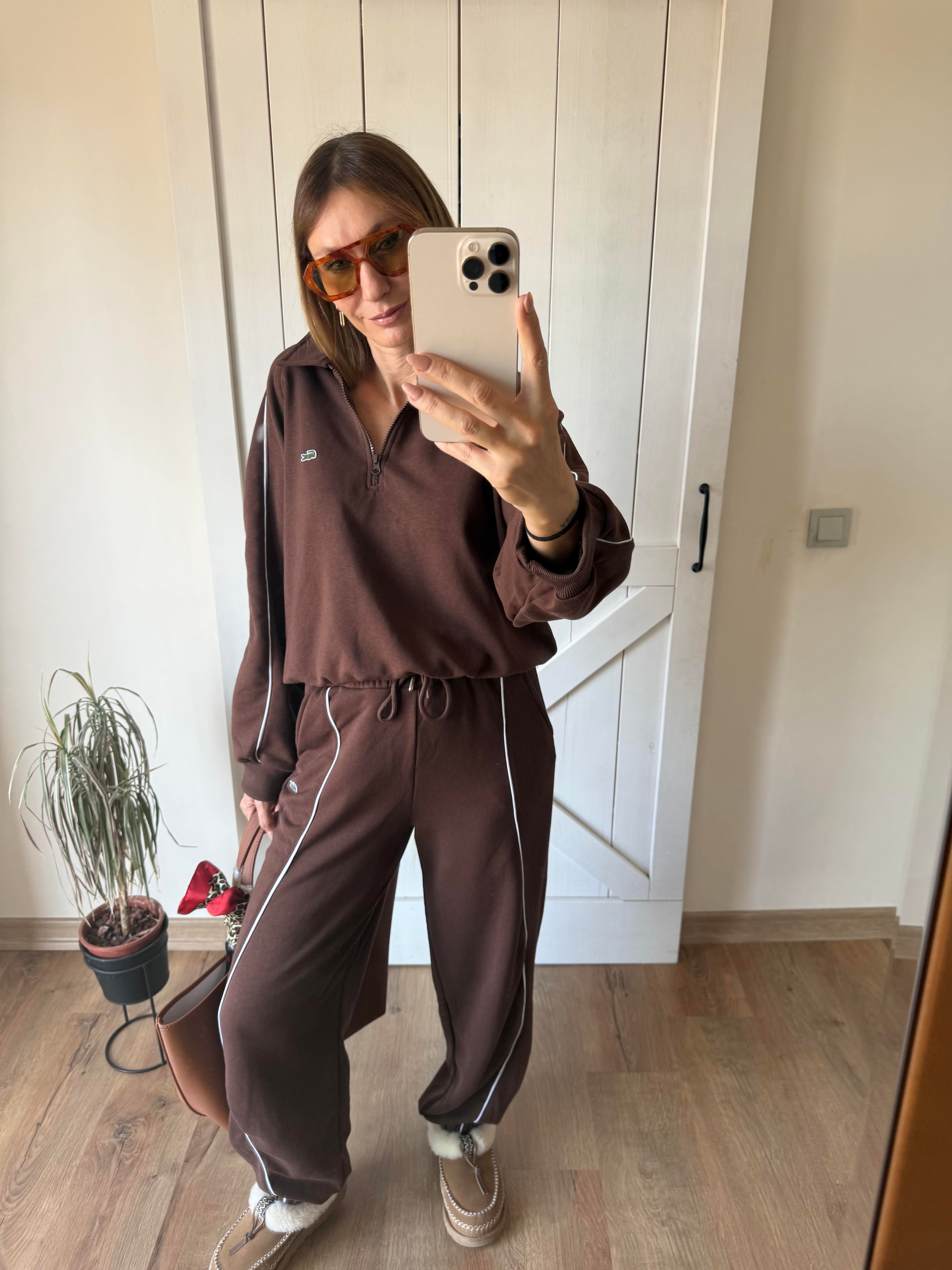 Şeritli Kahve Üst Alt Eşofman Takım