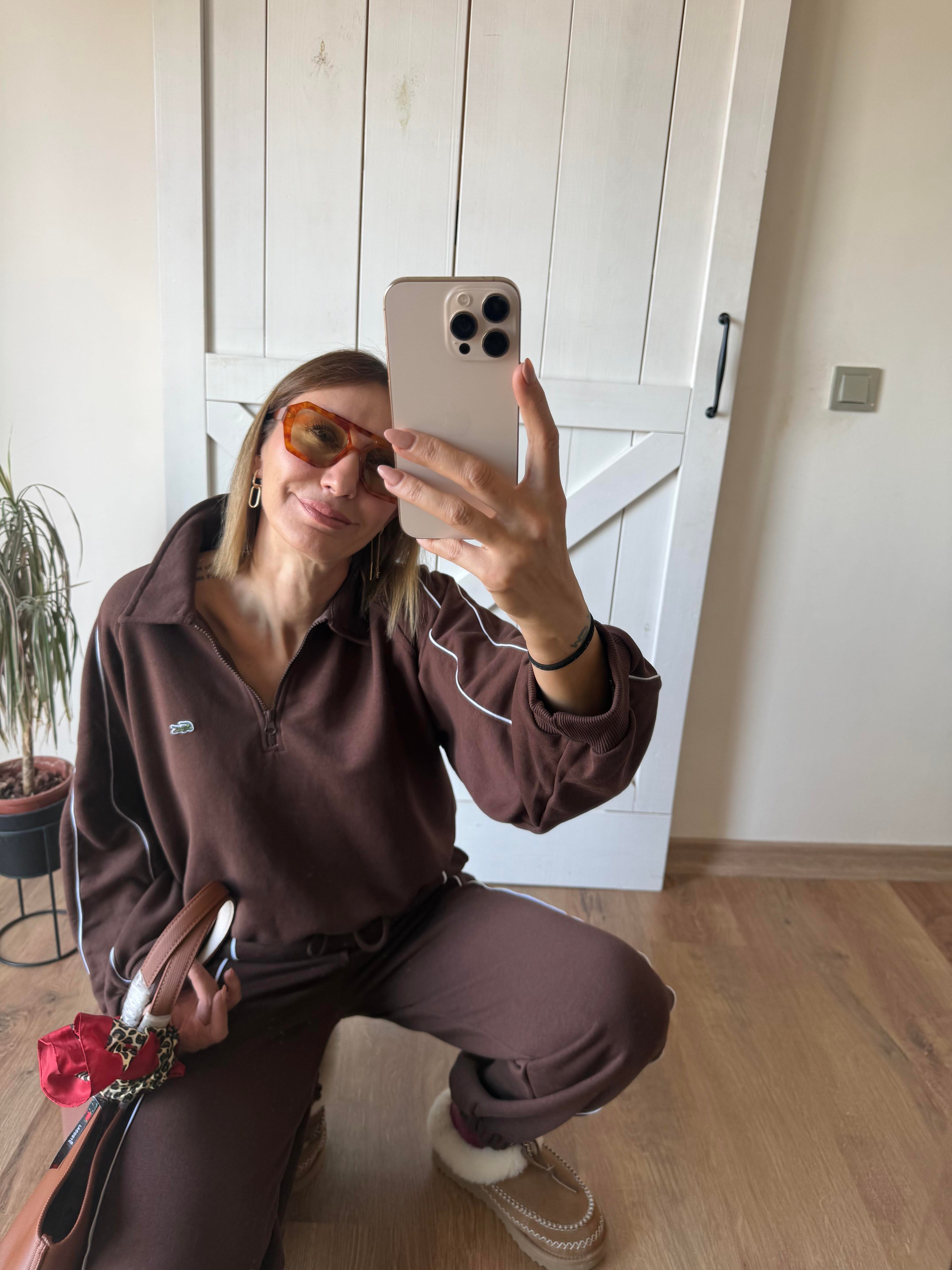 Şeritli Kahve Üst Alt Eşofman Takım