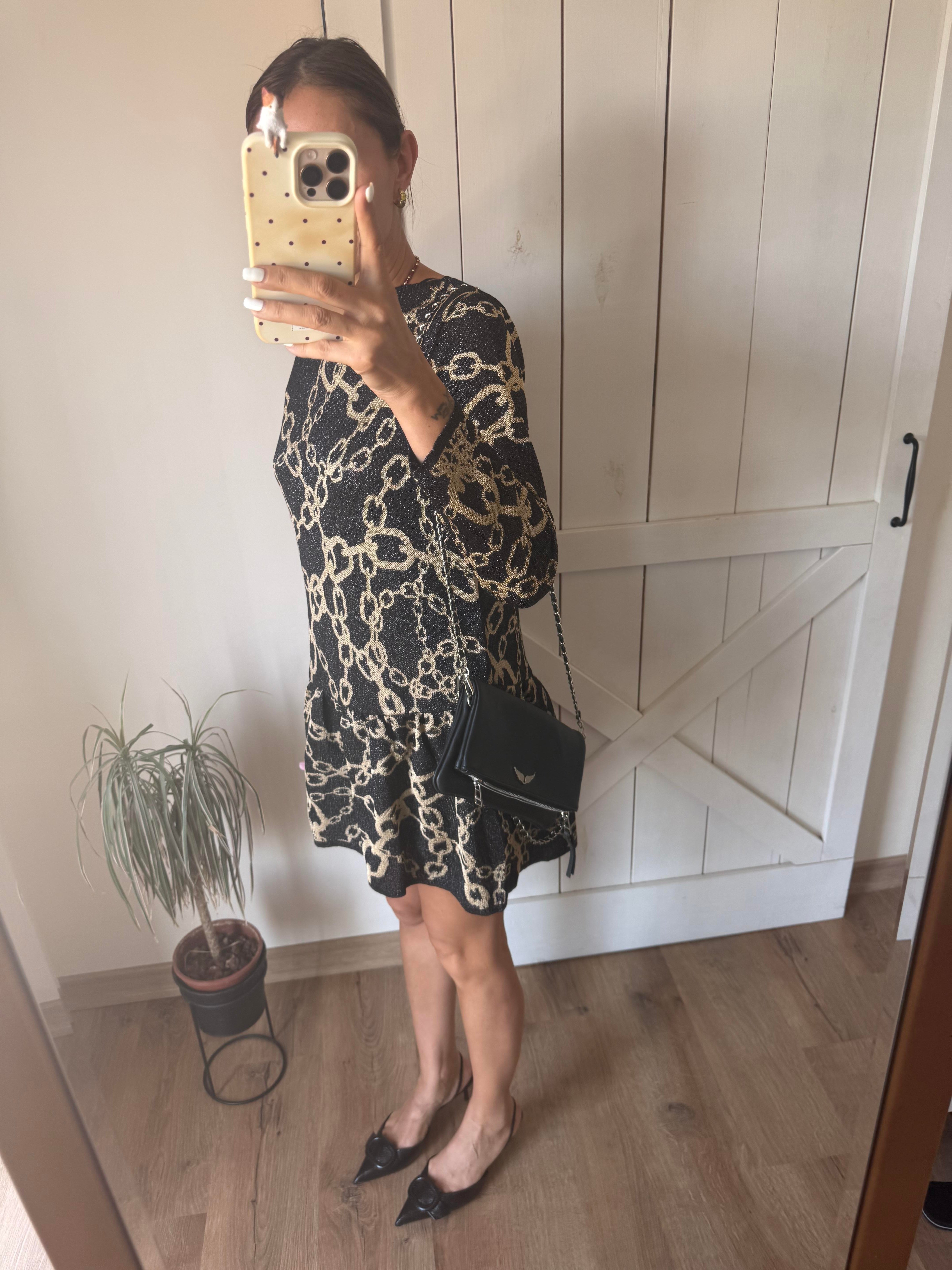 Simli Zincir Desenli Siyah Elbise