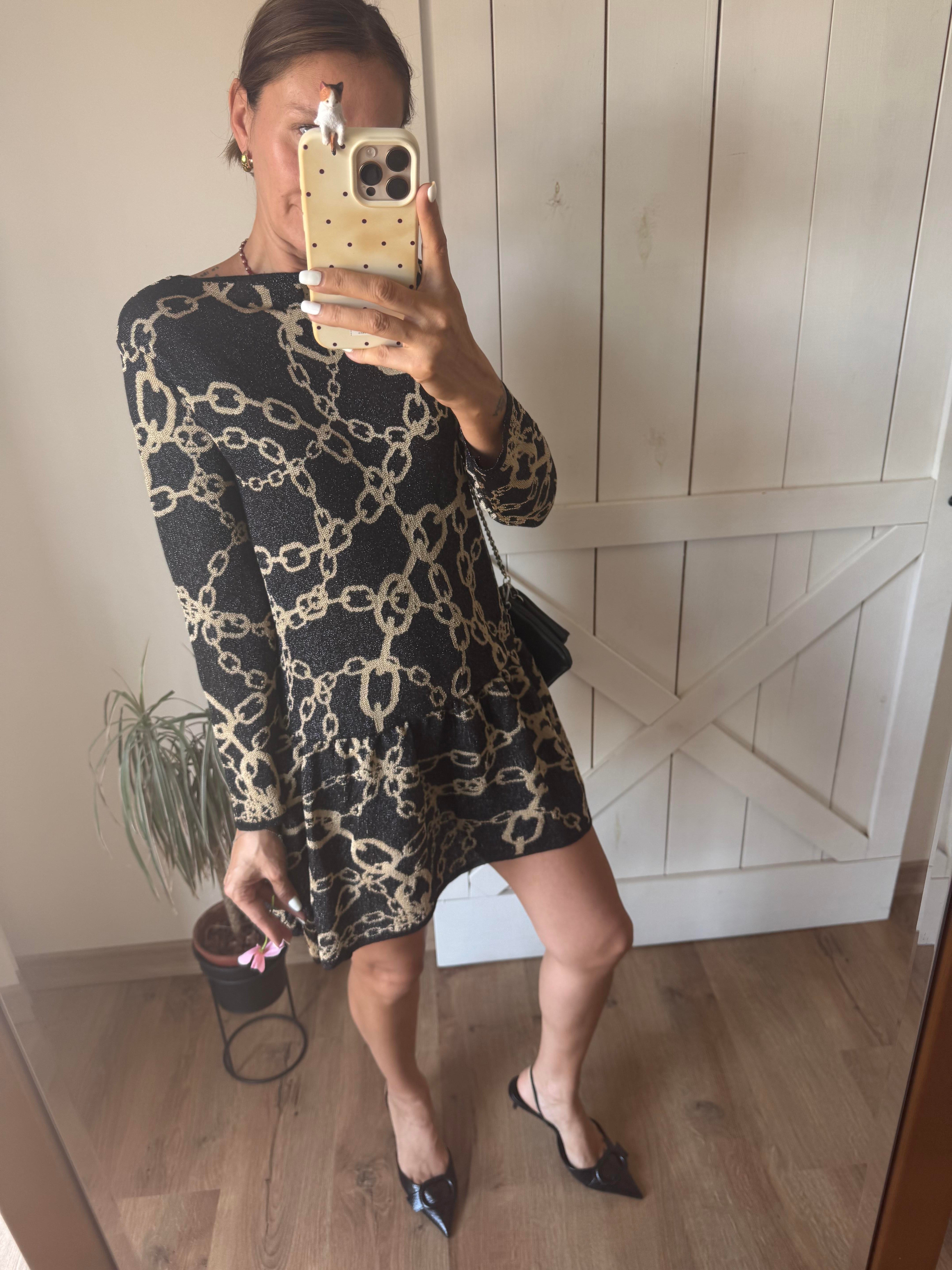 Simli Zincir Desenli Siyah Elbise