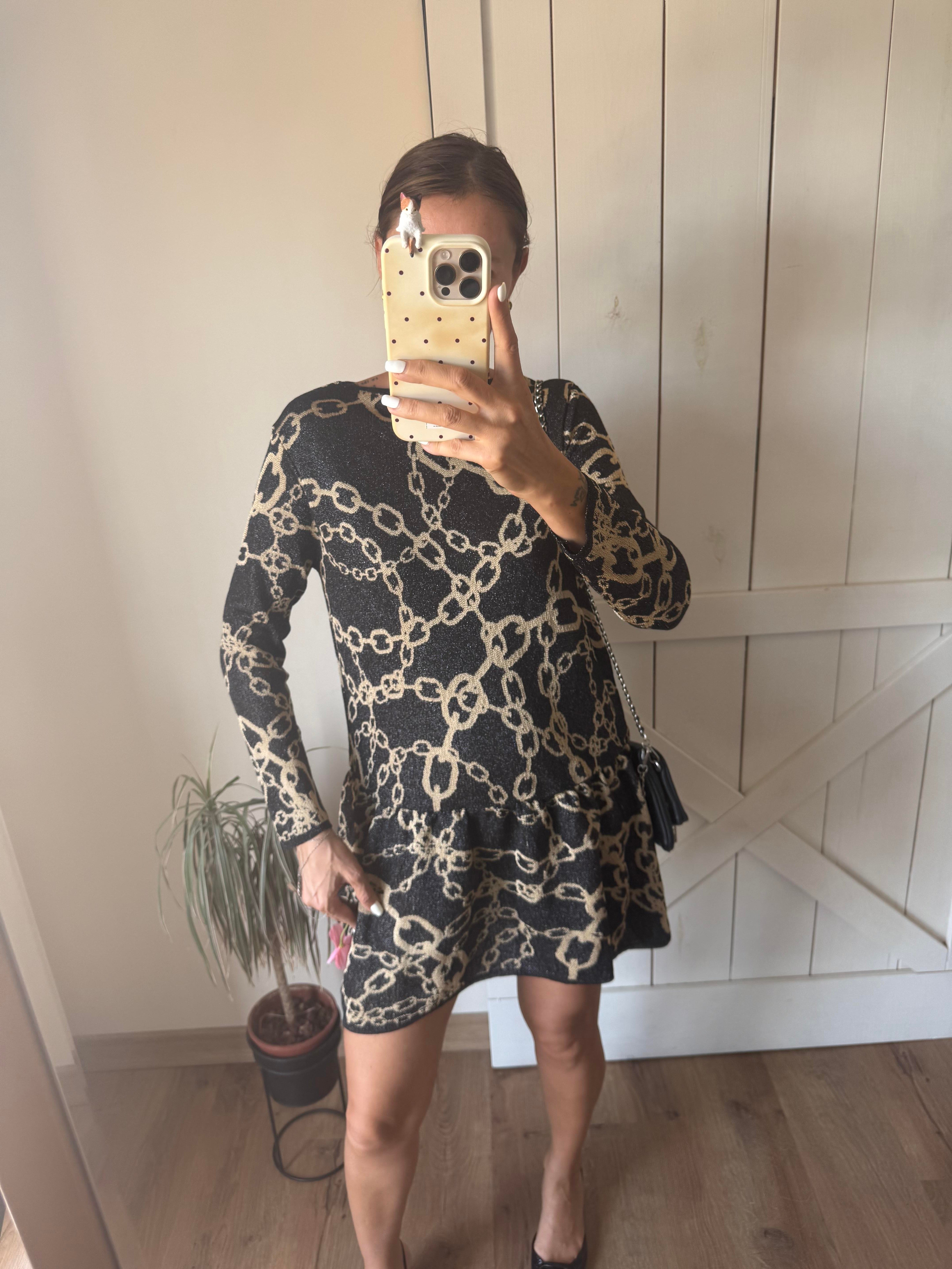 Simli Zincir Desenli Siyah Elbise