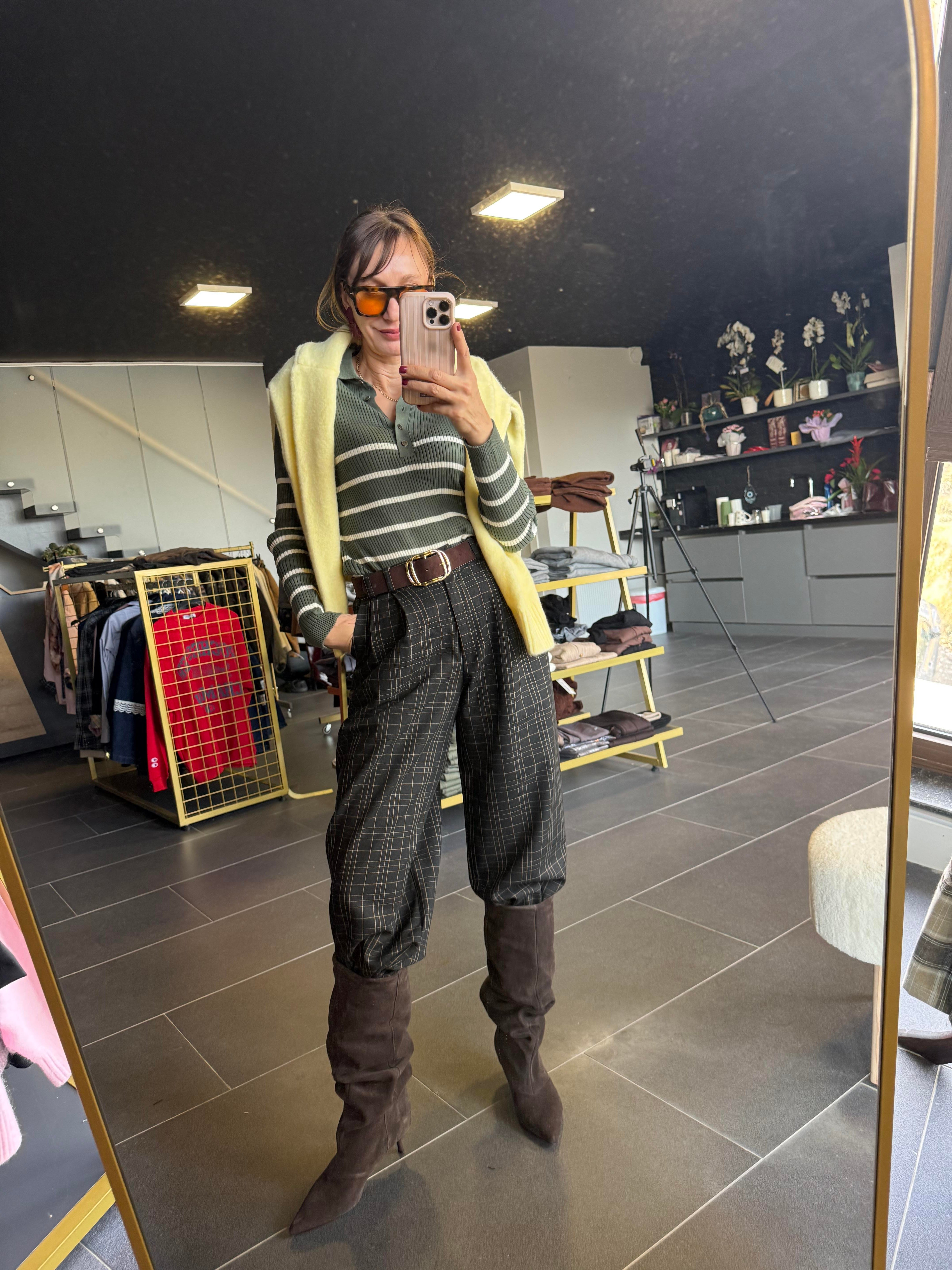 Siyah Ekoseli Palazzo Pantolon