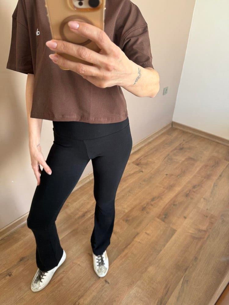 Siyah İspanyol Paça Ultra Yüksek Bel Fitilli Tayt