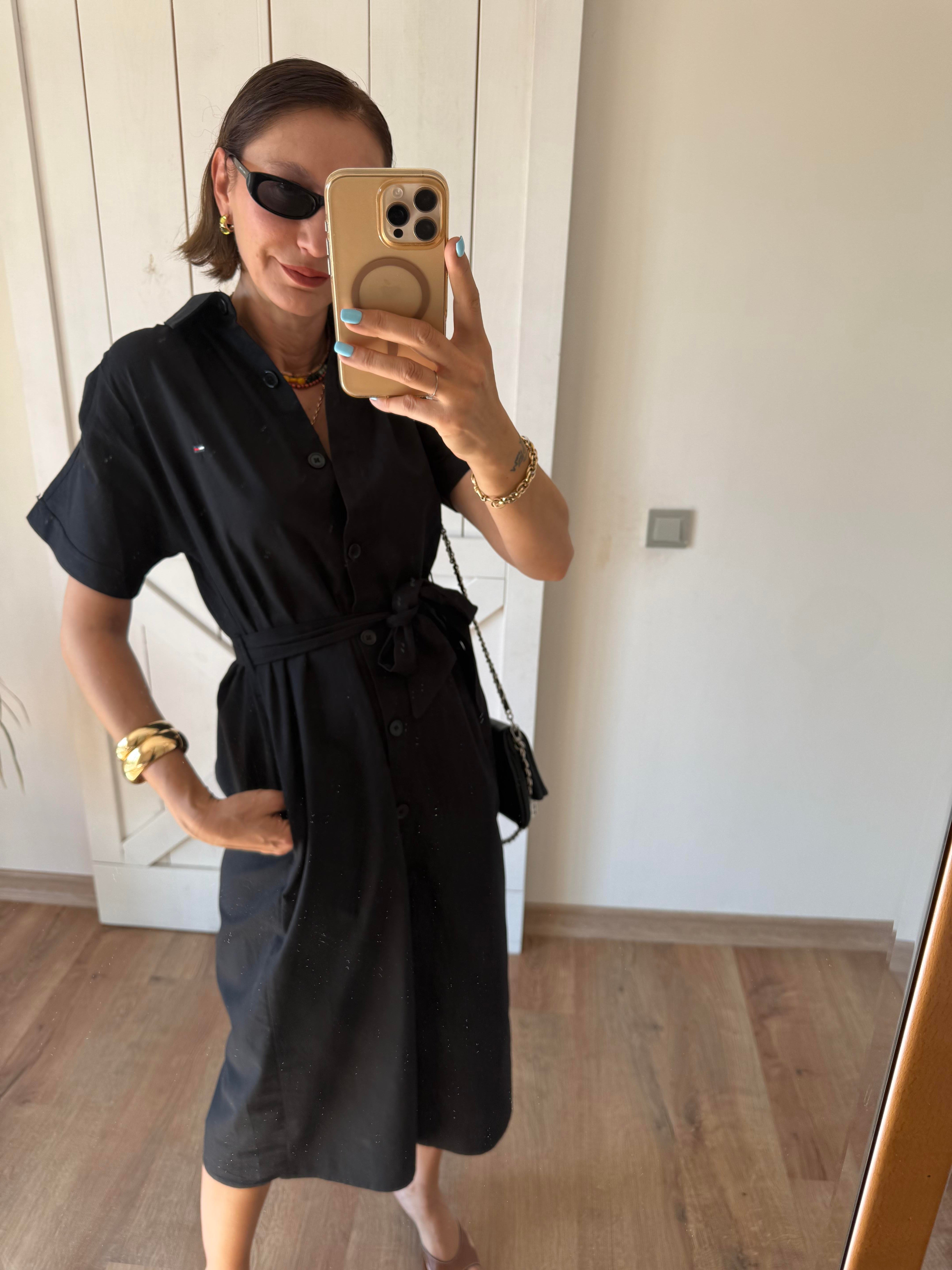 Siyah Kuşaklı Thoer Gömlek Elbise