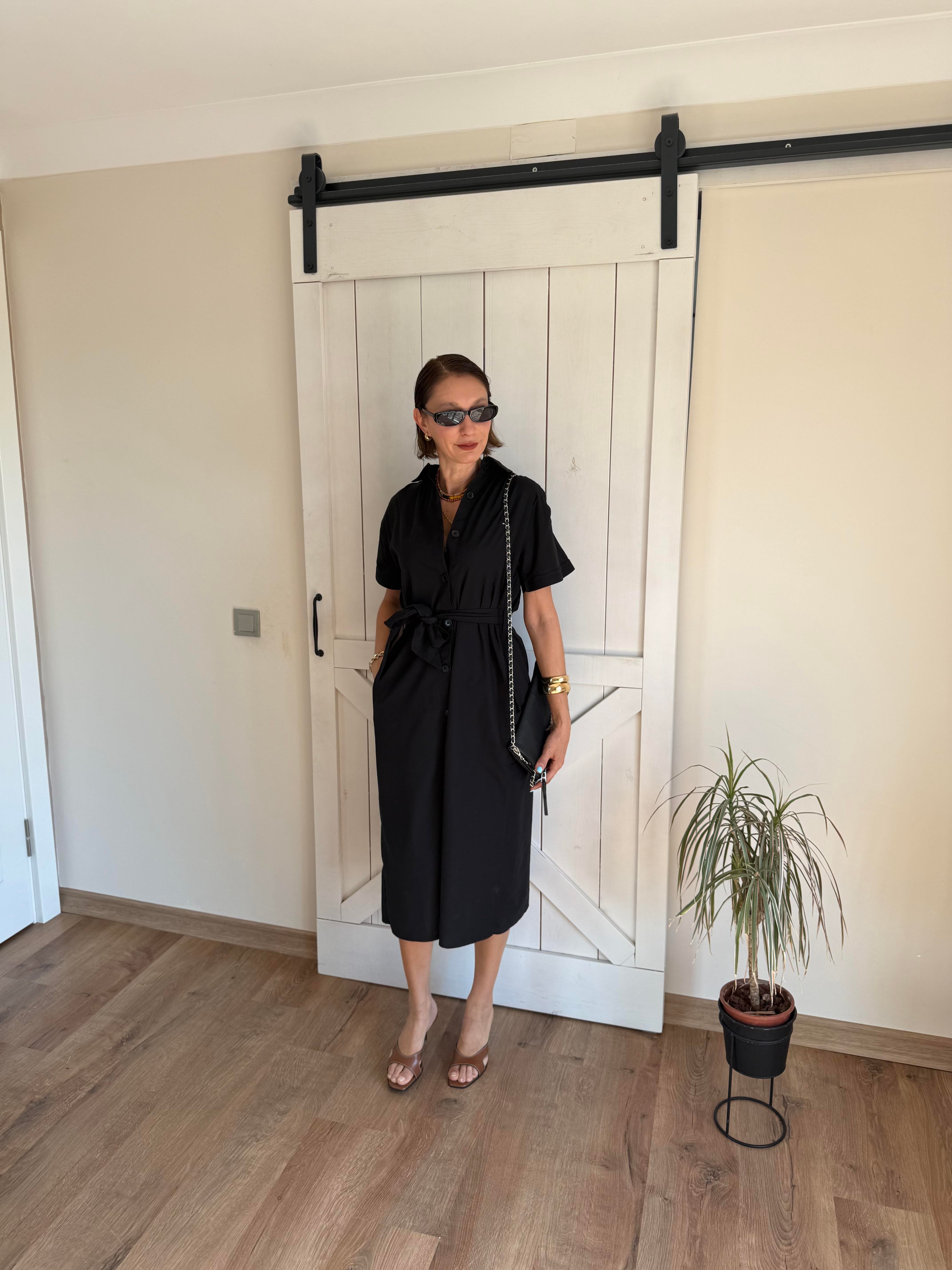 Siyah Kuşaklı Thoer Gömlek Elbise