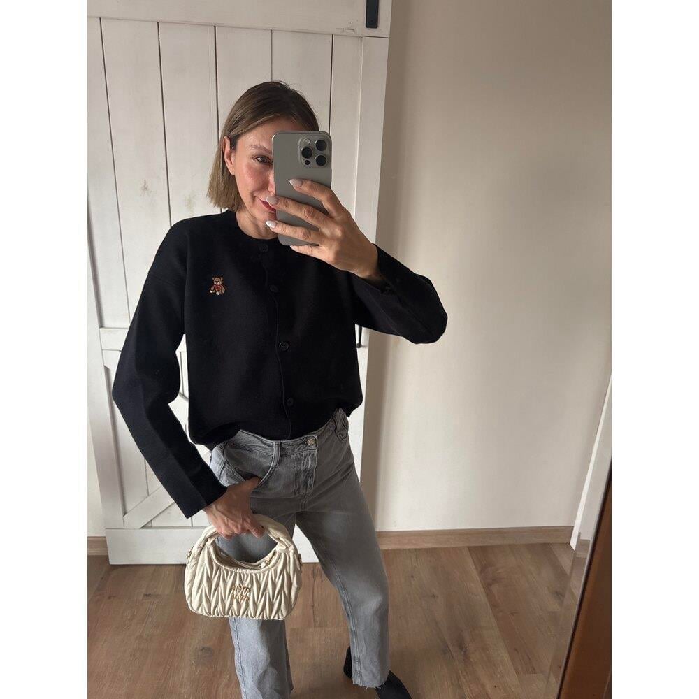 Siyah Nakış Detaylı Kadın Hırka 