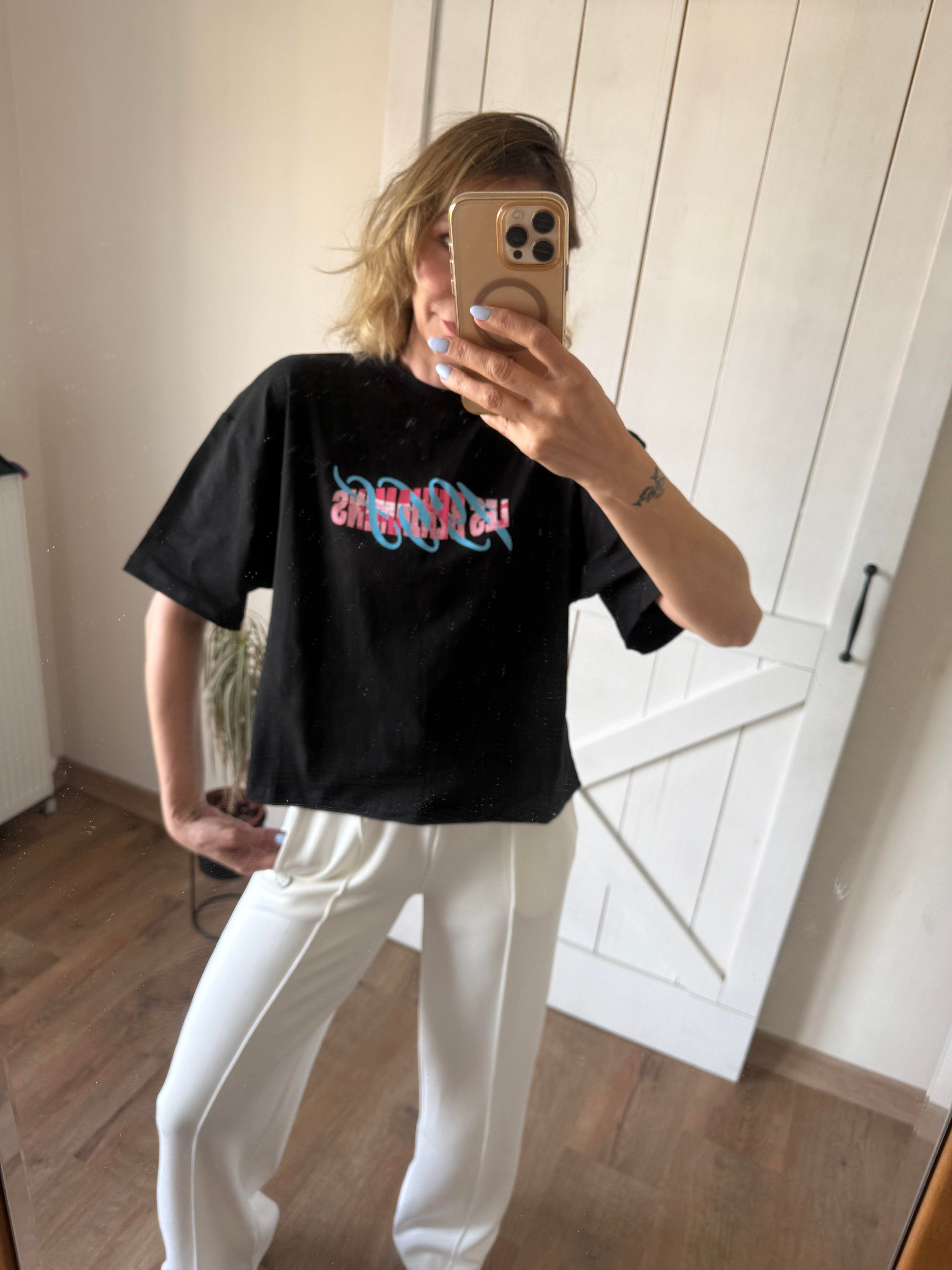 Siyah Rahat Kesim Baskılı Tshirt