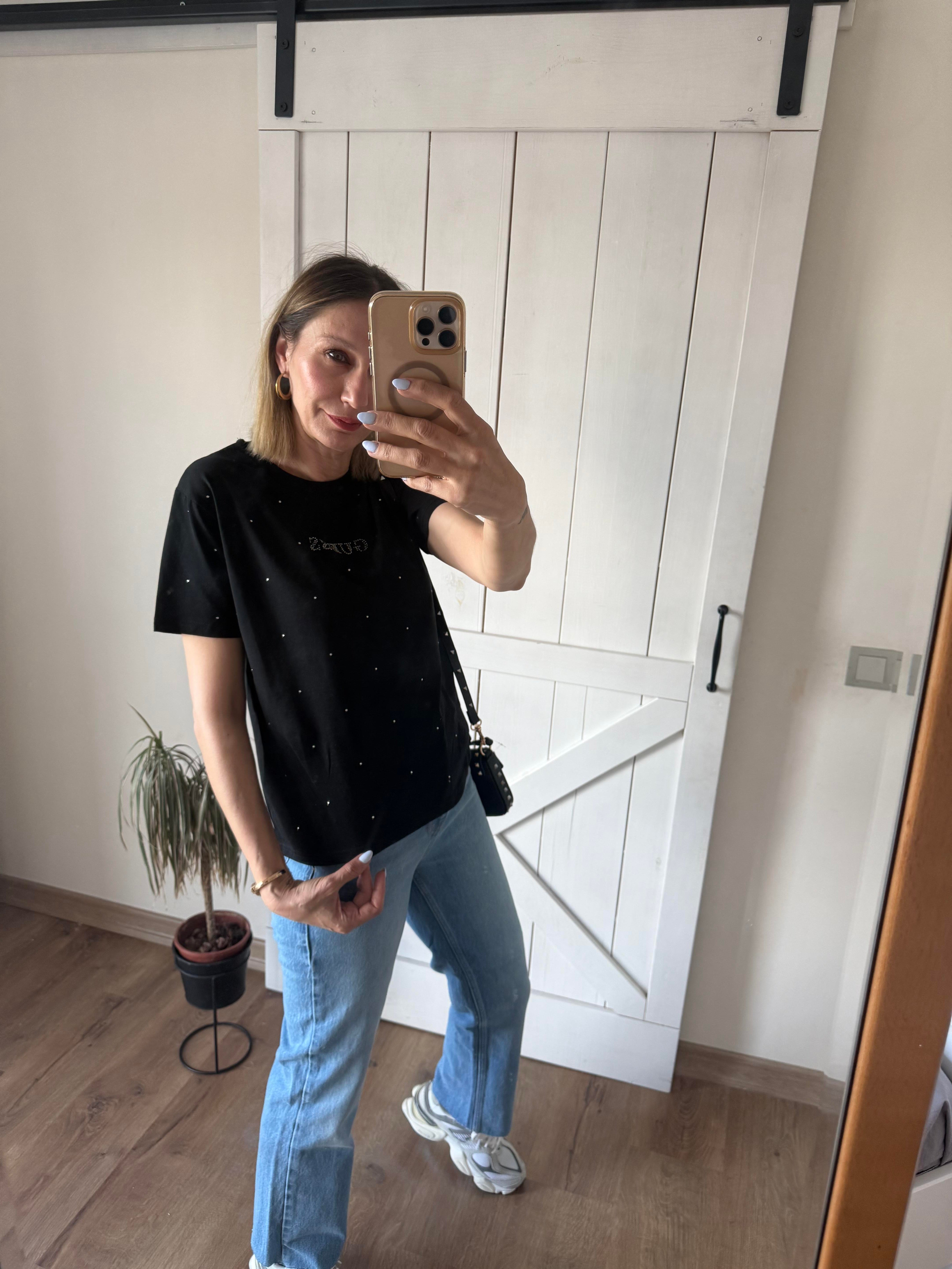 Siyah Taş İşlemeli Tshirt