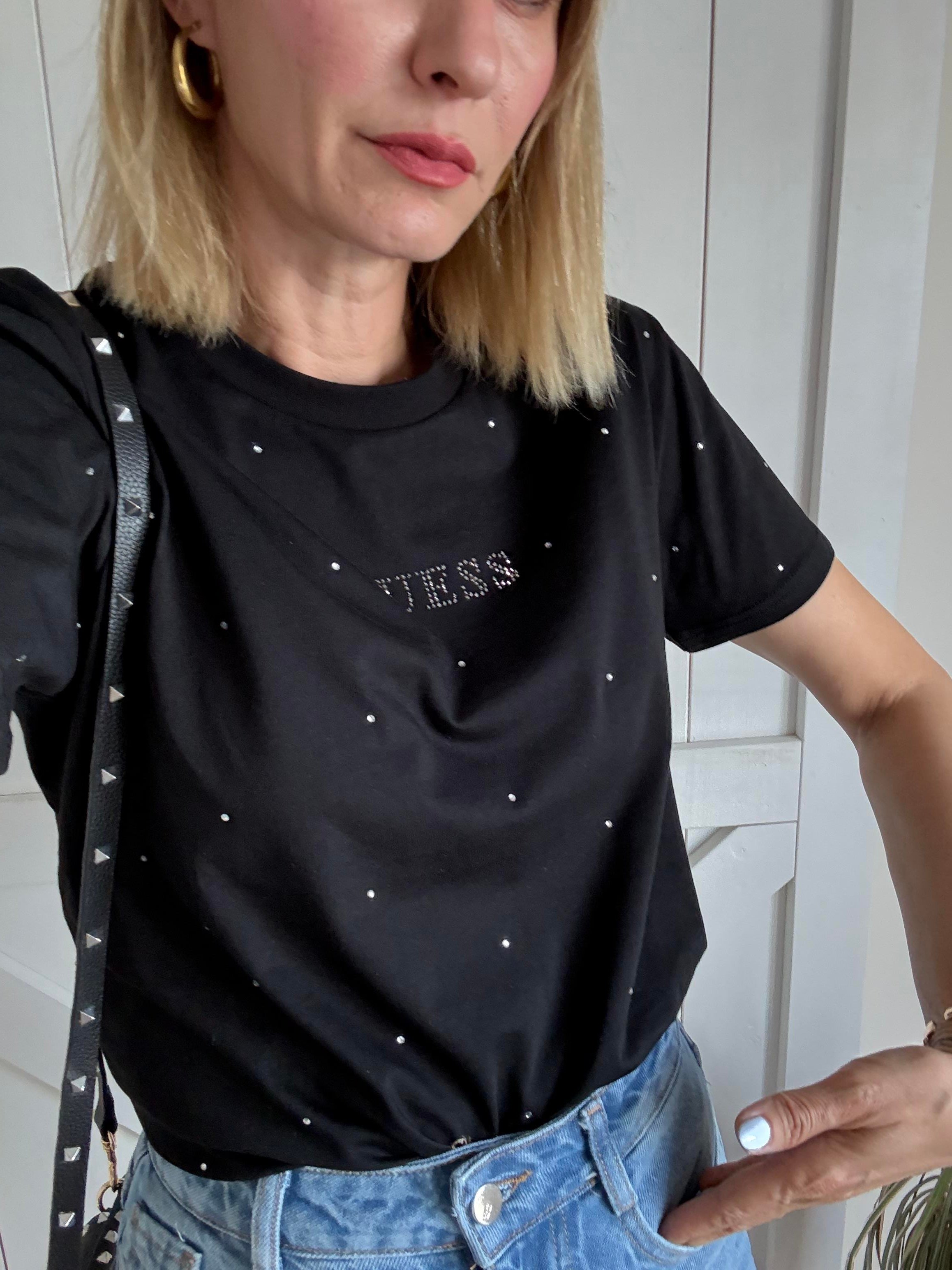 Siyah Taş İşlemeli Tshirt