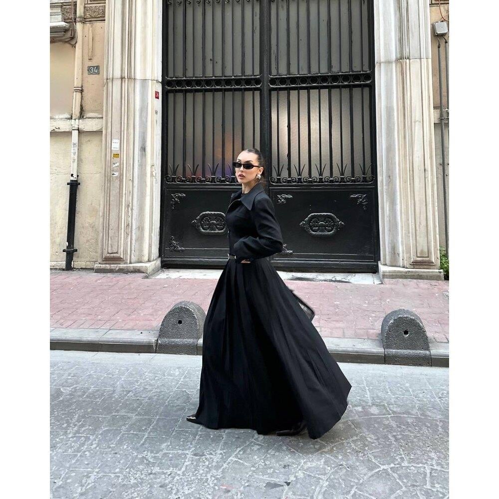 Siyah Uzun Etekli Ceket Kadın İkili Takım 