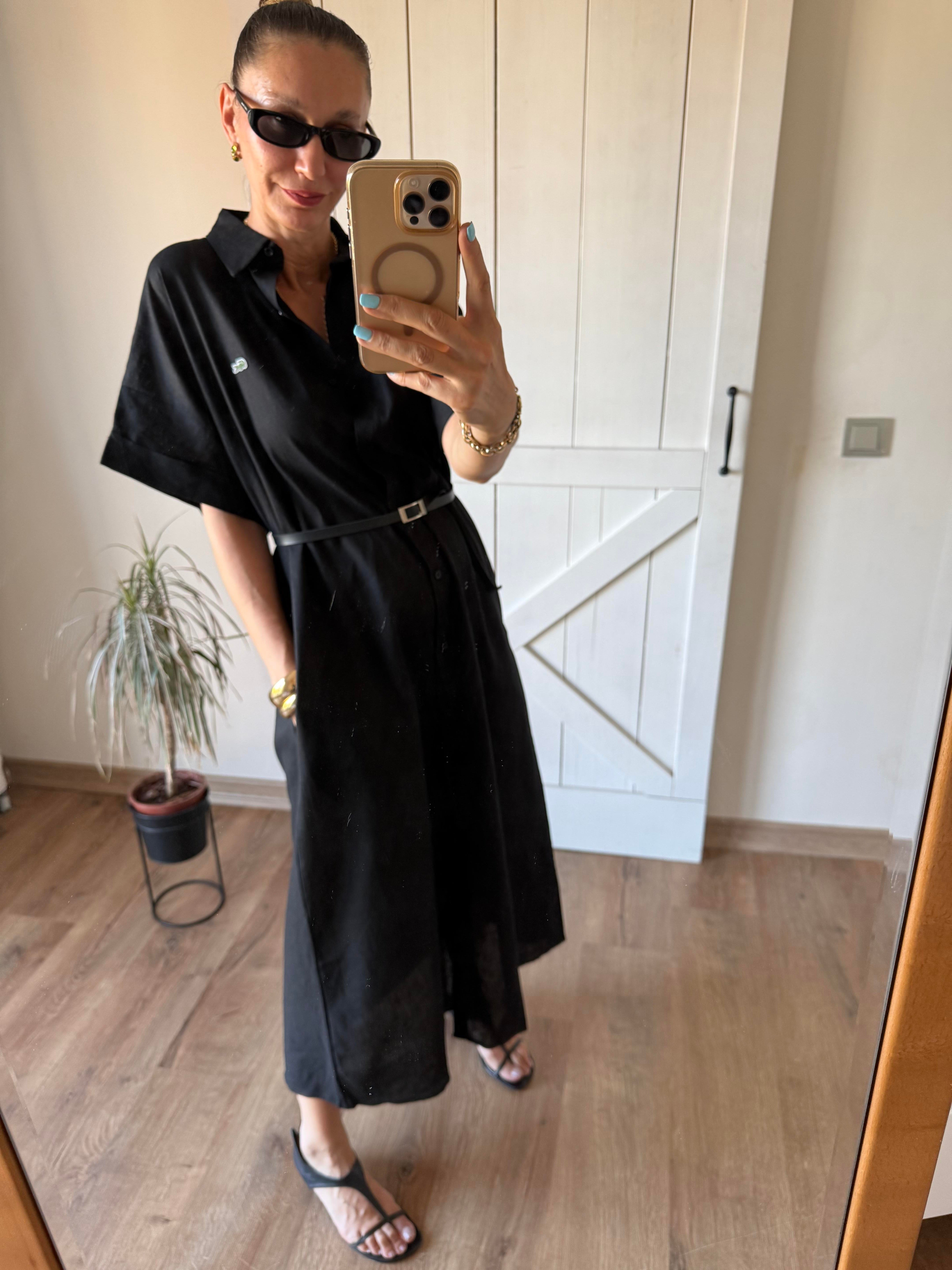 Siyah Uzun Keten Gömlek Elbise