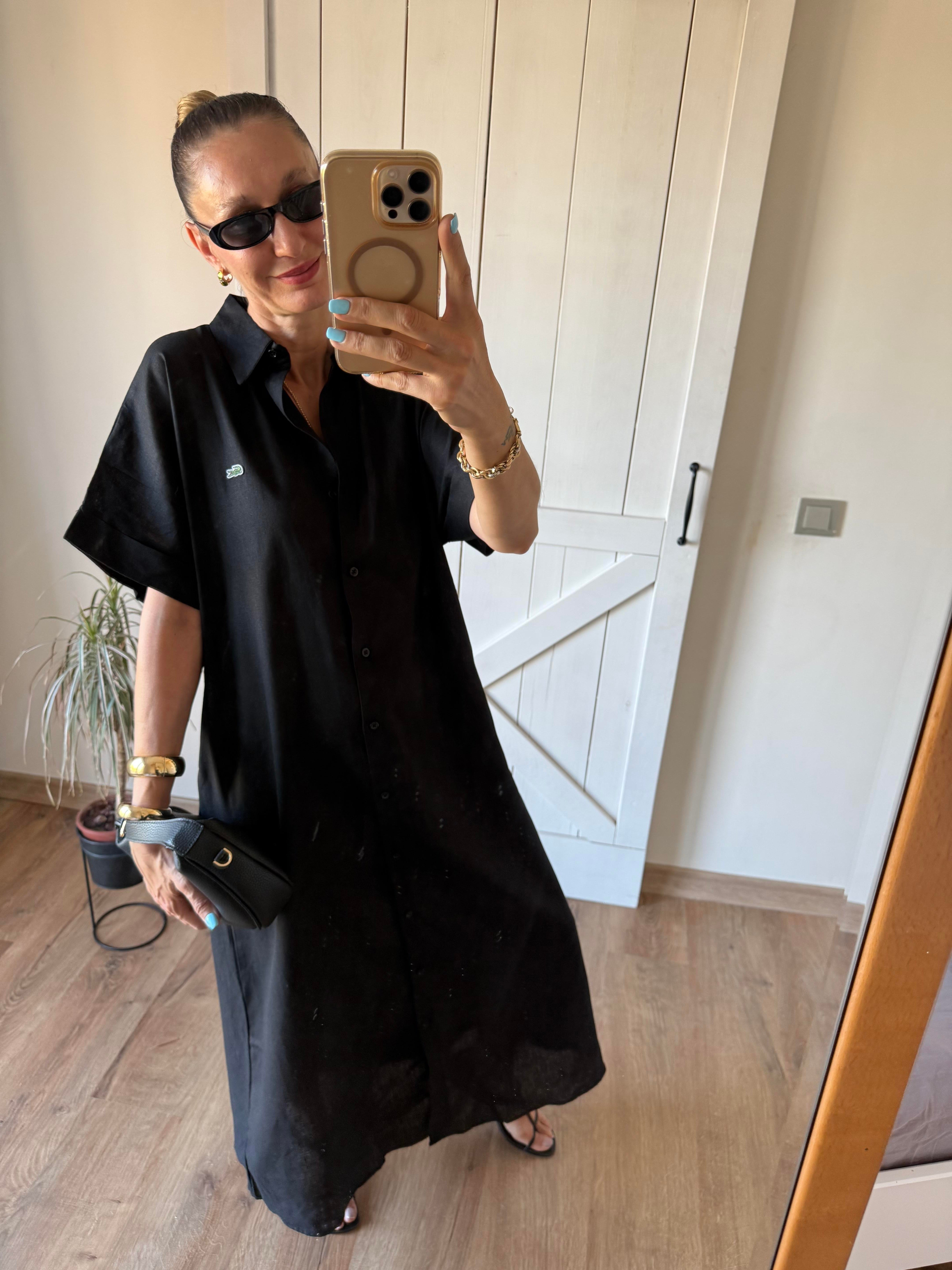 Siyah Uzun Keten Gömlek Elbise