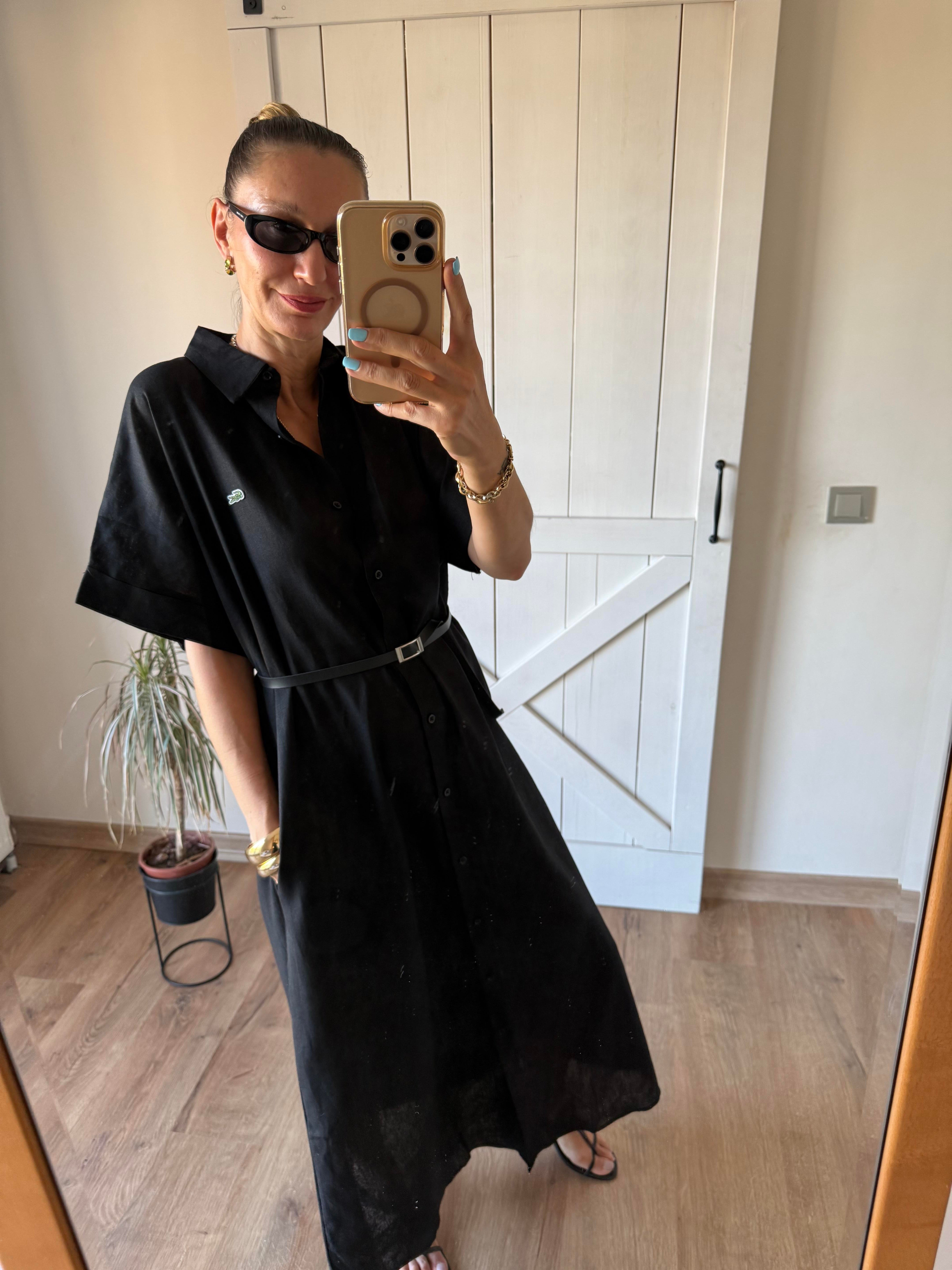 Siyah Uzun Keten Gömlek Elbise