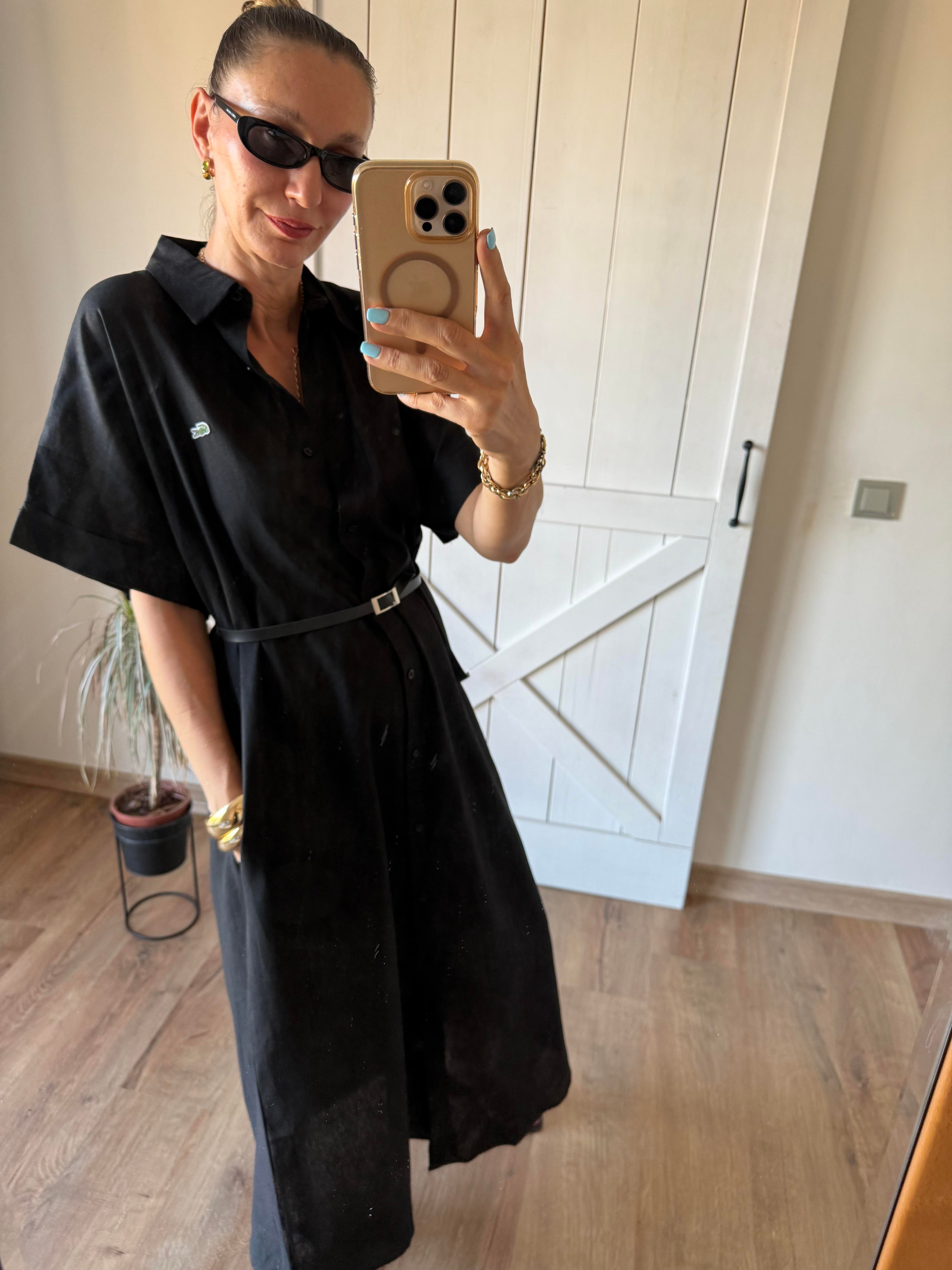 Siyah Uzun Keten Gömlek Elbise