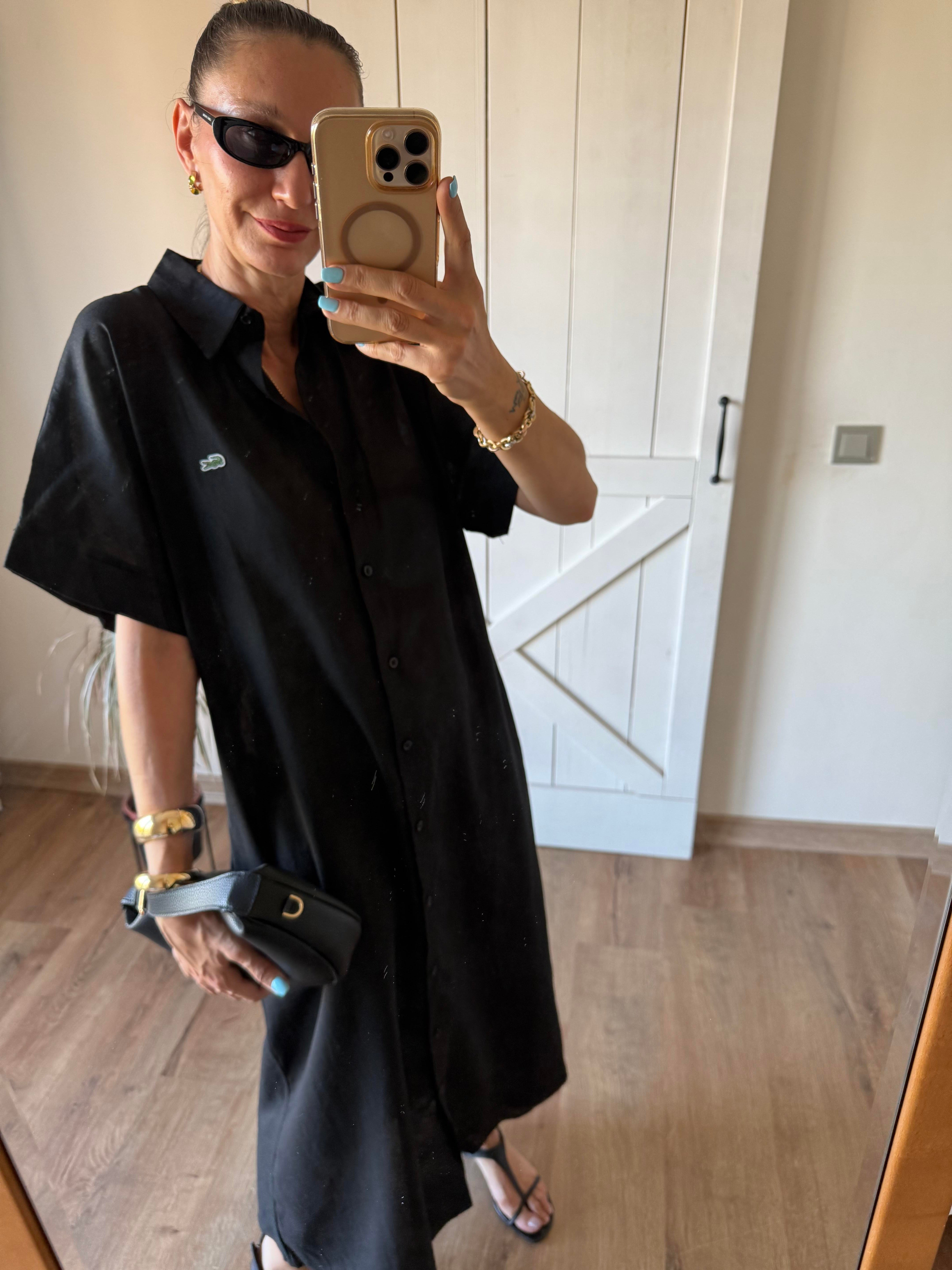 Siyah Uzun Keten Gömlek Elbise