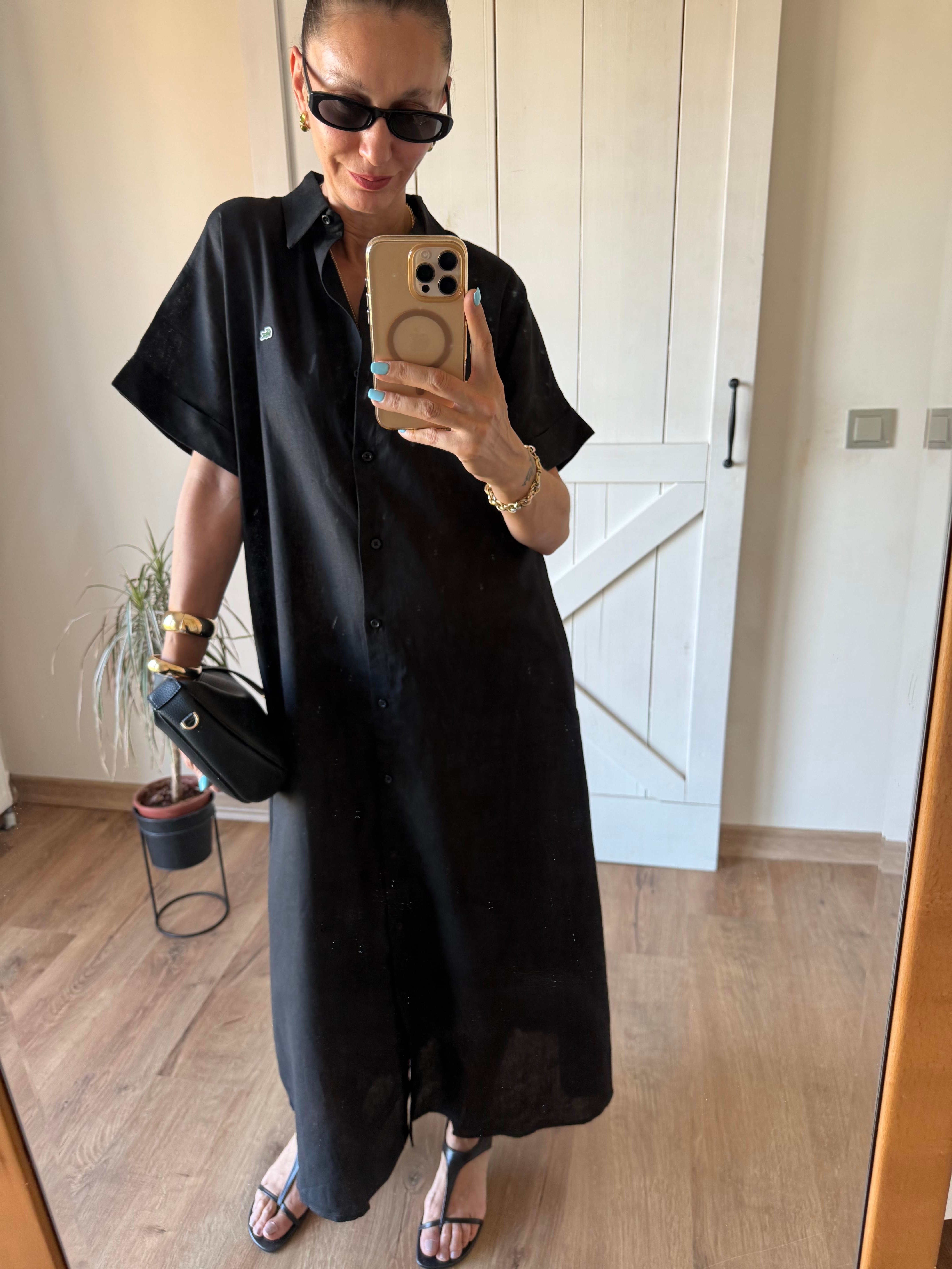 Siyah Uzun Keten Gömlek Elbise