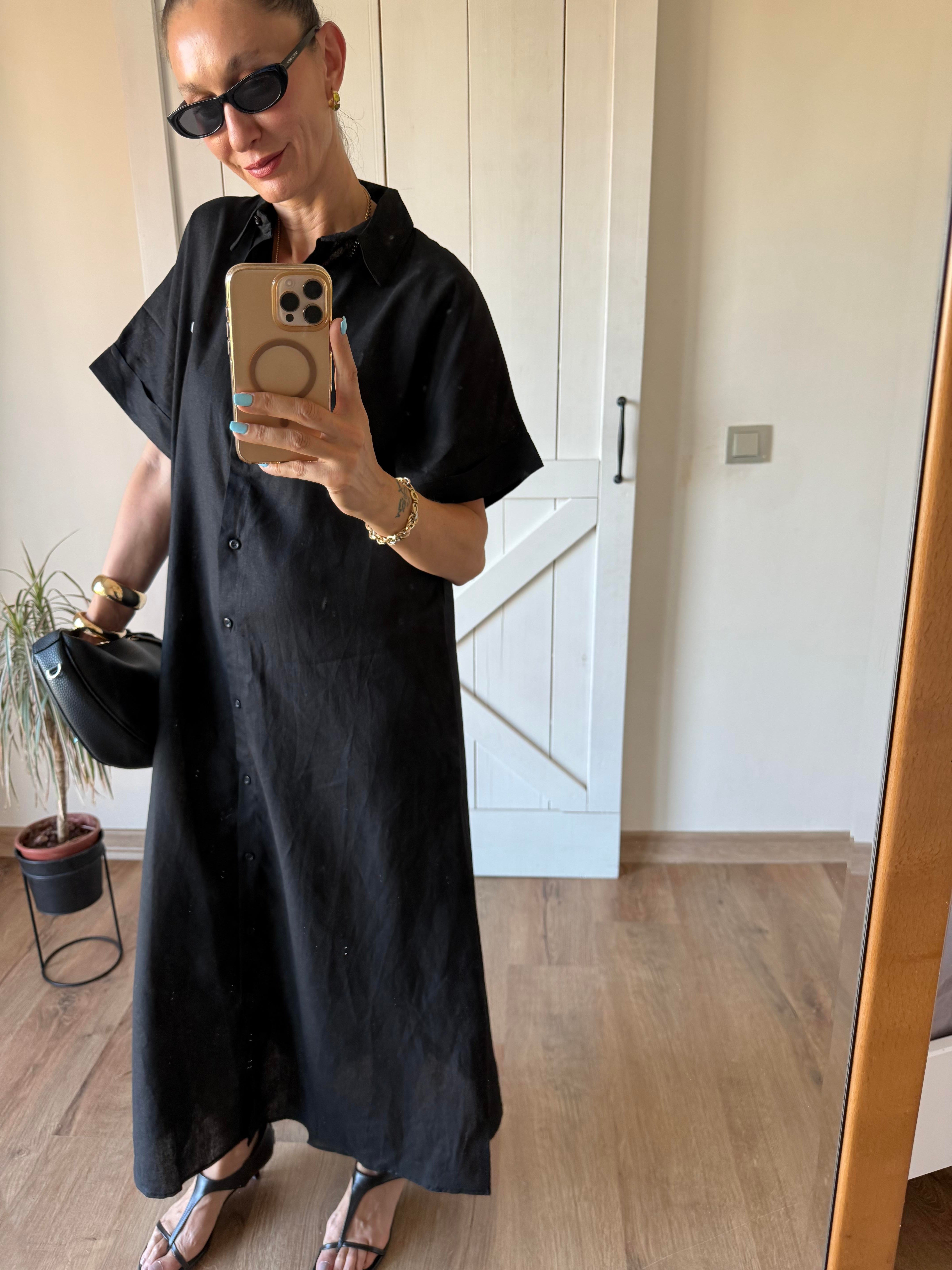 Siyah Uzun Keten Gömlek Elbise