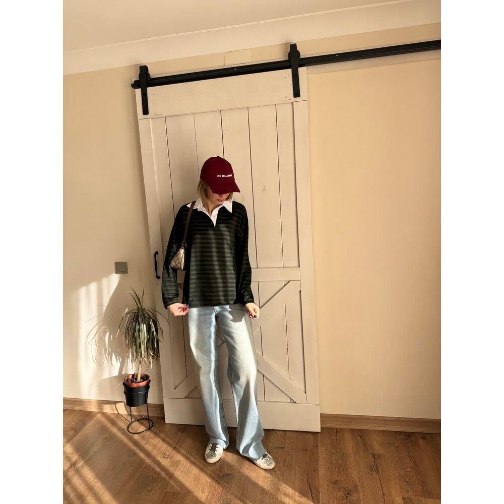 Siyah Yeşil Çizgili Gömlek Yaka Detaylı Kadın Sweatshirt