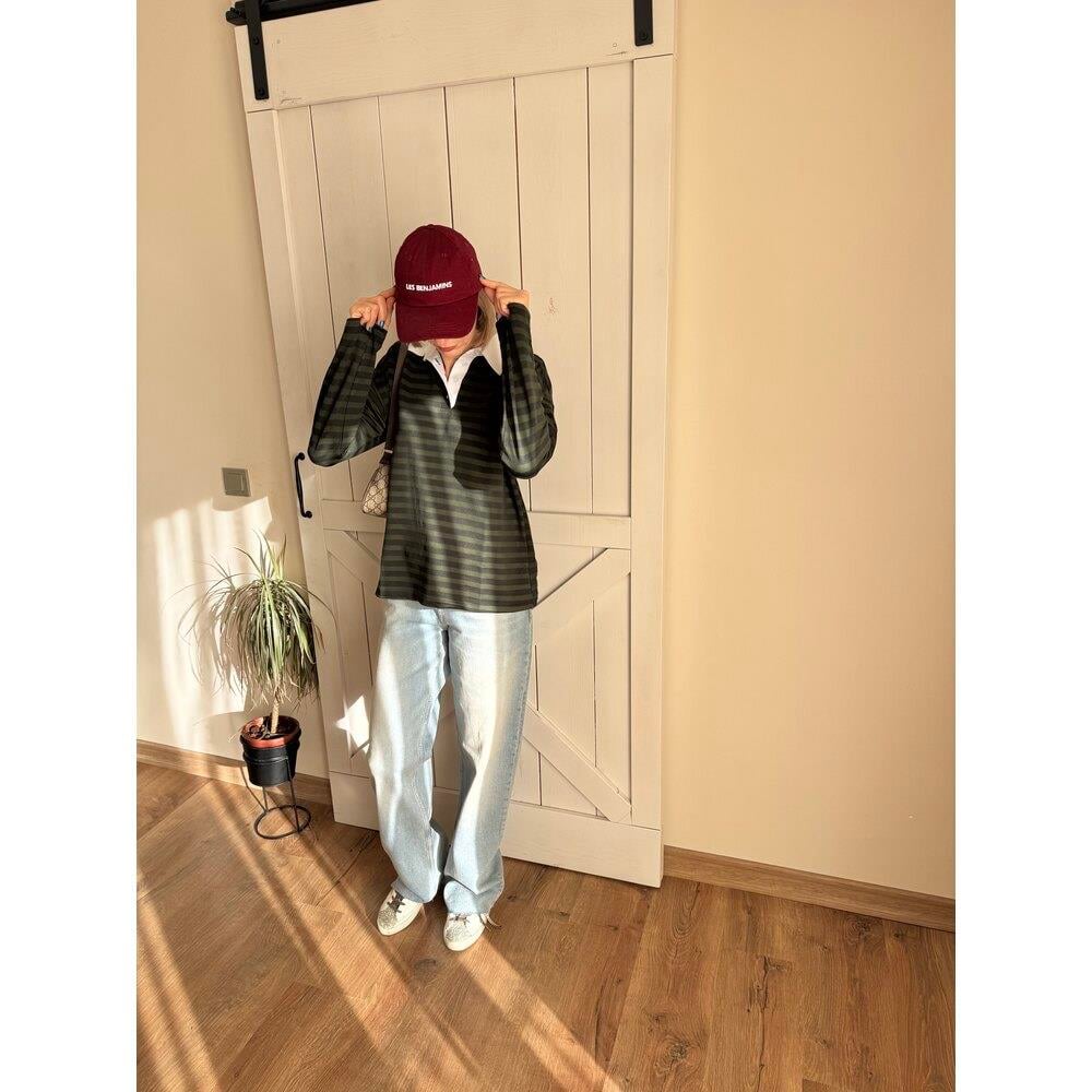 Siyah Yeşil Çizgili Gömlek Yaka Detaylı Kadın Sweatshirt