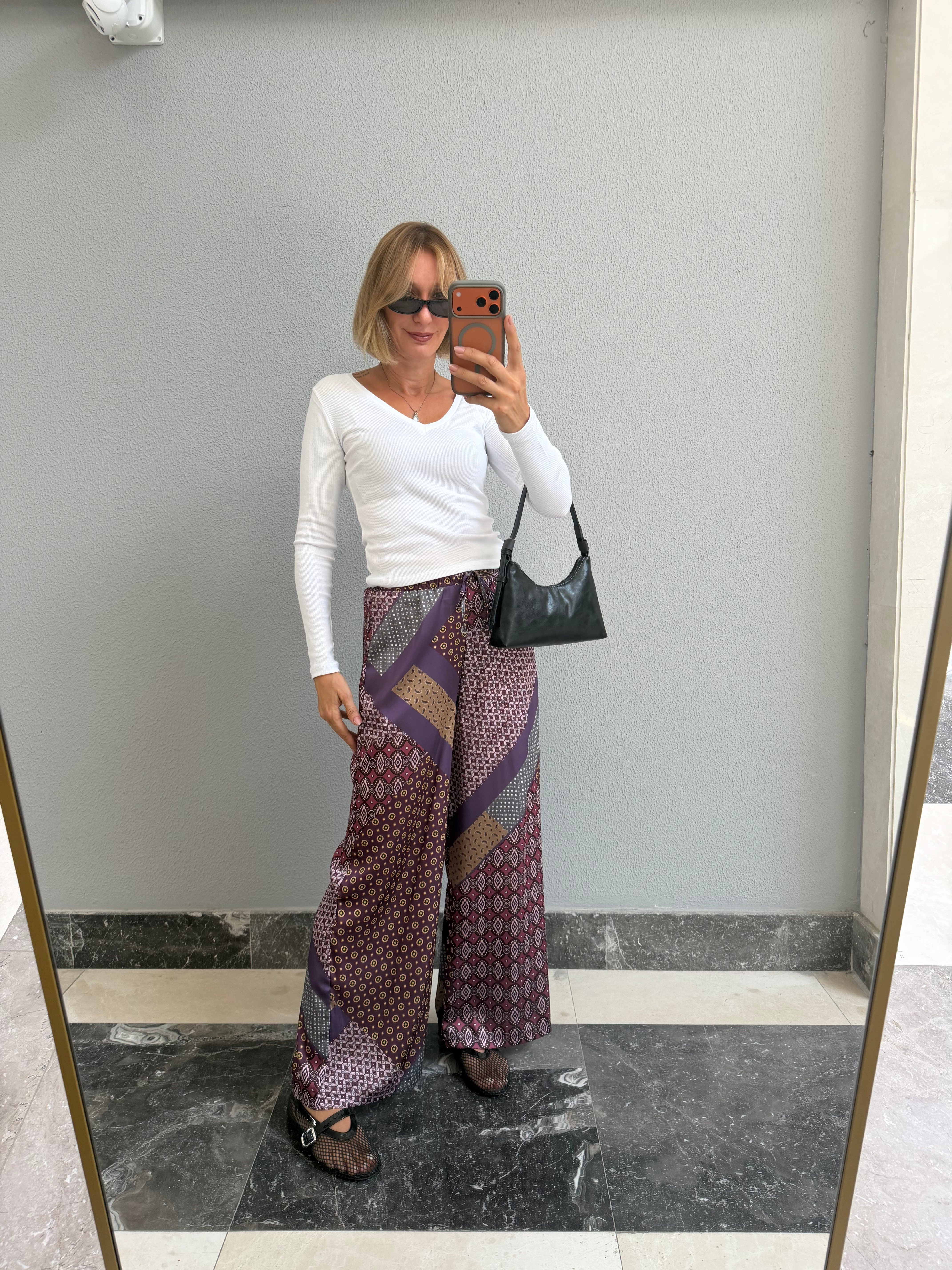 Sofia Etnik Desen Bol Paça Saten Pantolon