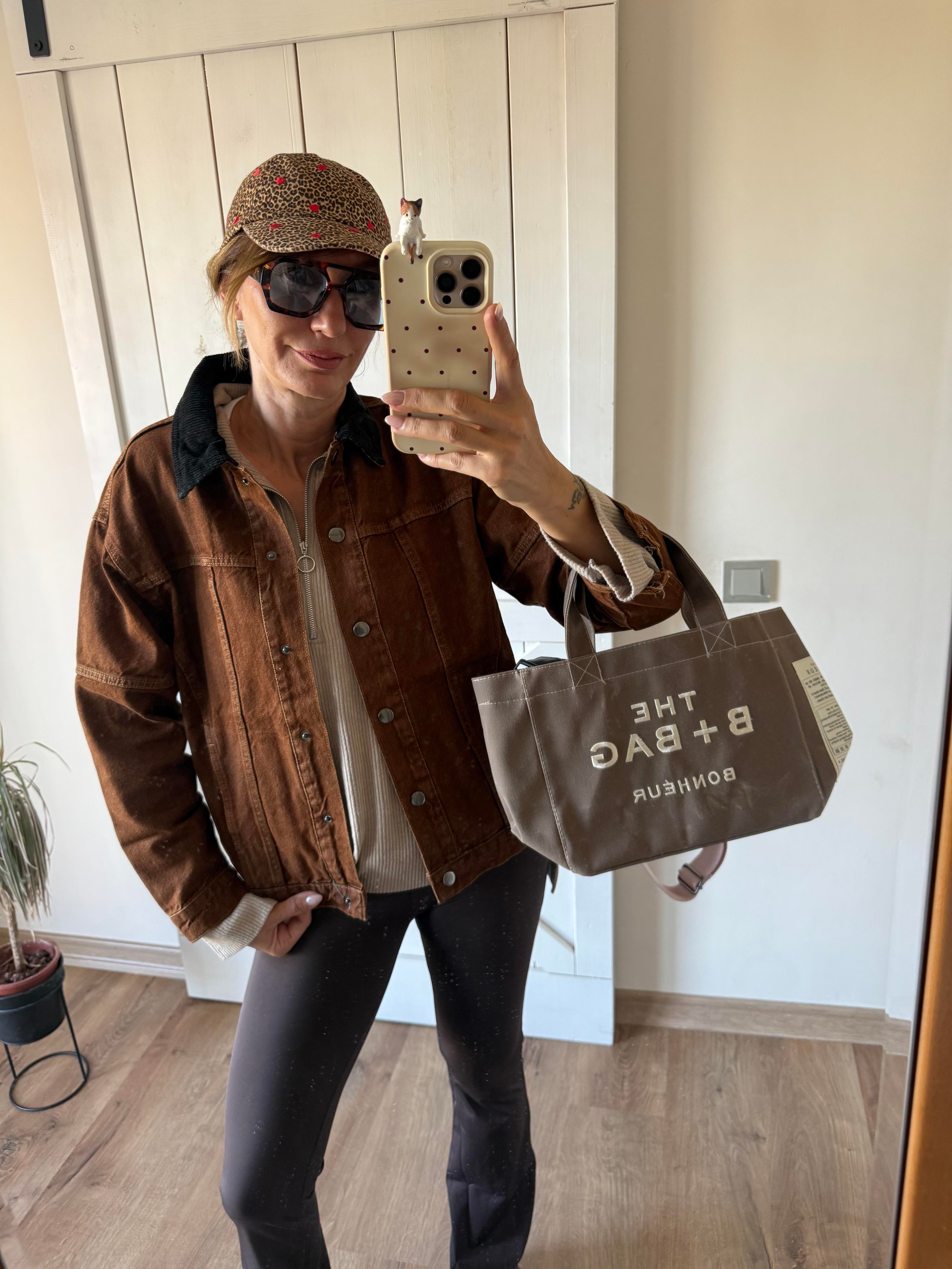 Taba Yakası Kadife Detaylı Çıtçıt Düğmeli Önden Cepli Denim Ceket