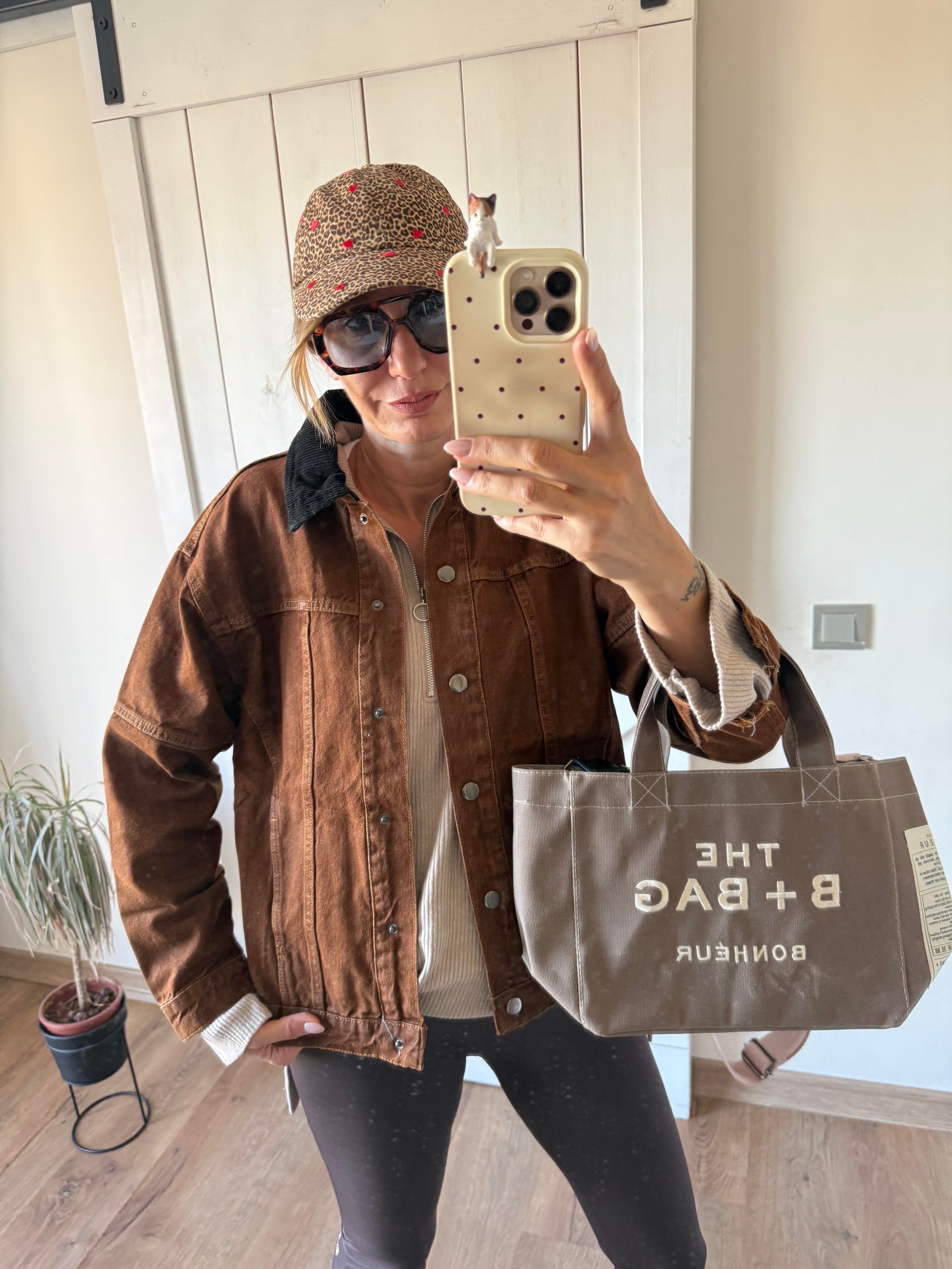 Taba Yakası Kadife Detaylı Çıtçıt Düğmeli Önden Cepli Denim Ceket