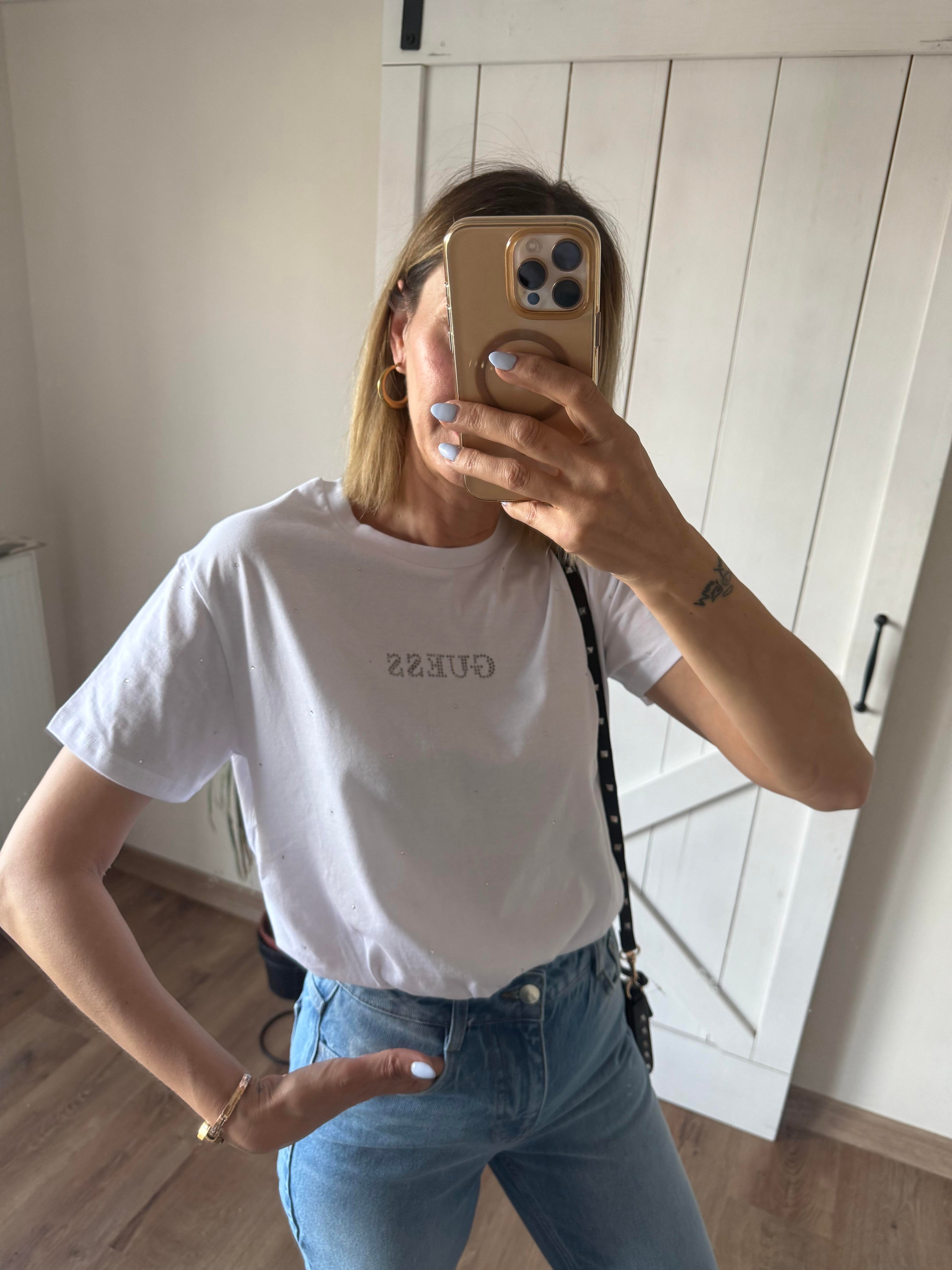 Taş İşlemeli Logolu Beyaz Tshirt