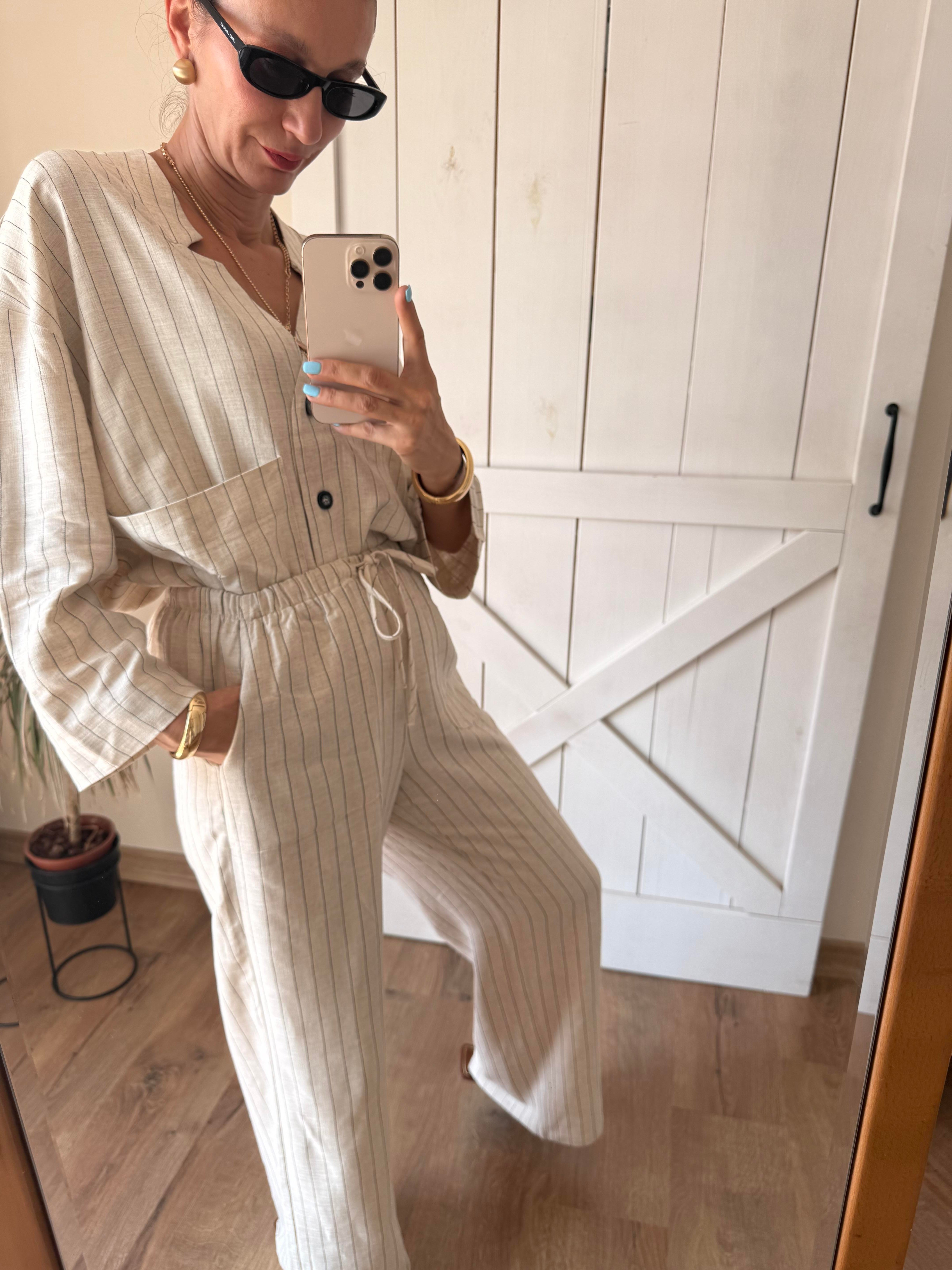 Taş V Yaka Tek Cep Detaylı Çizgili Keten Gömlek Pantolon Kos Takım