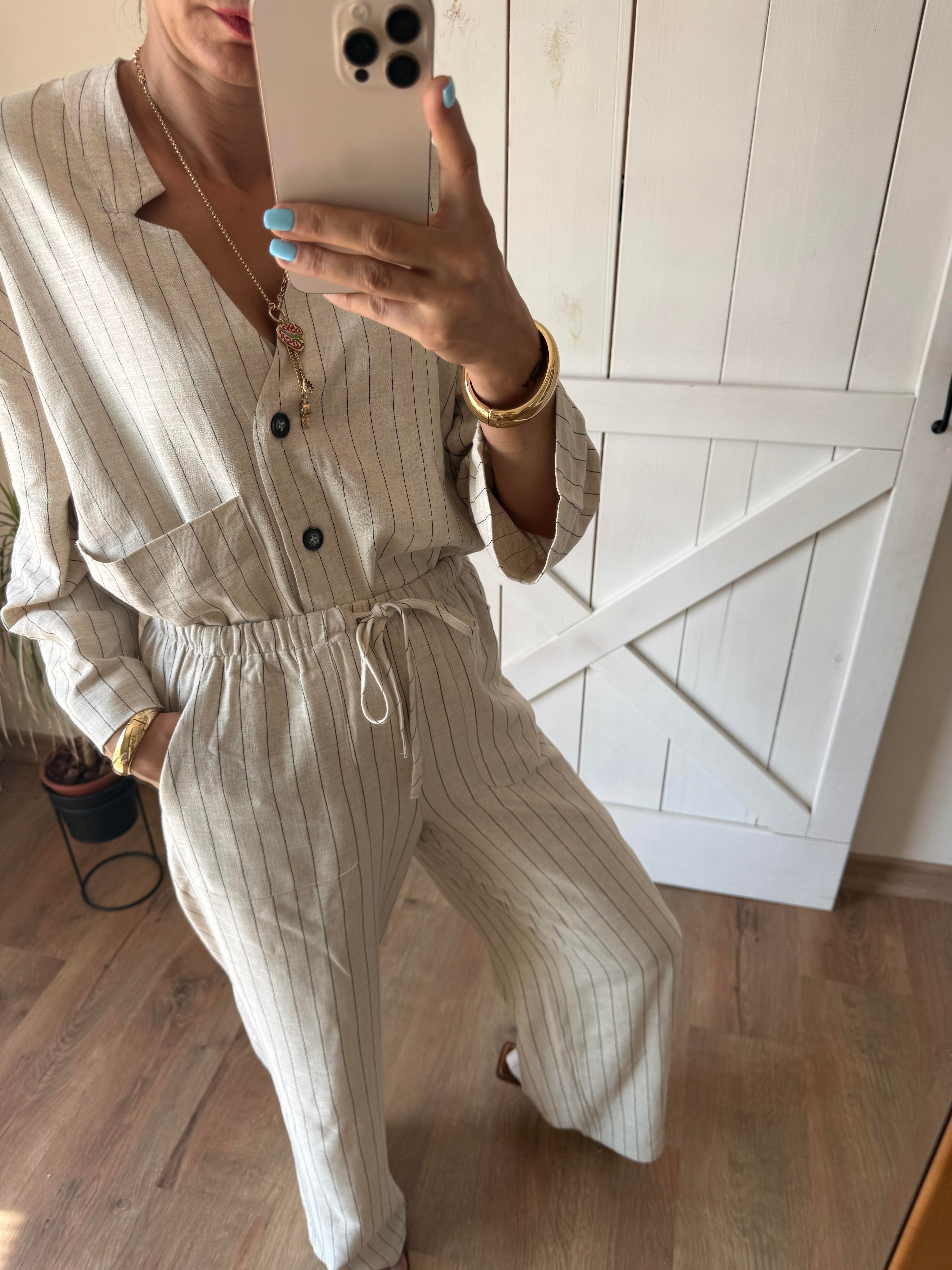 Taş V Yaka Tek Cep Detaylı Çizgili Keten Gömlek Pantolon Kos Takım