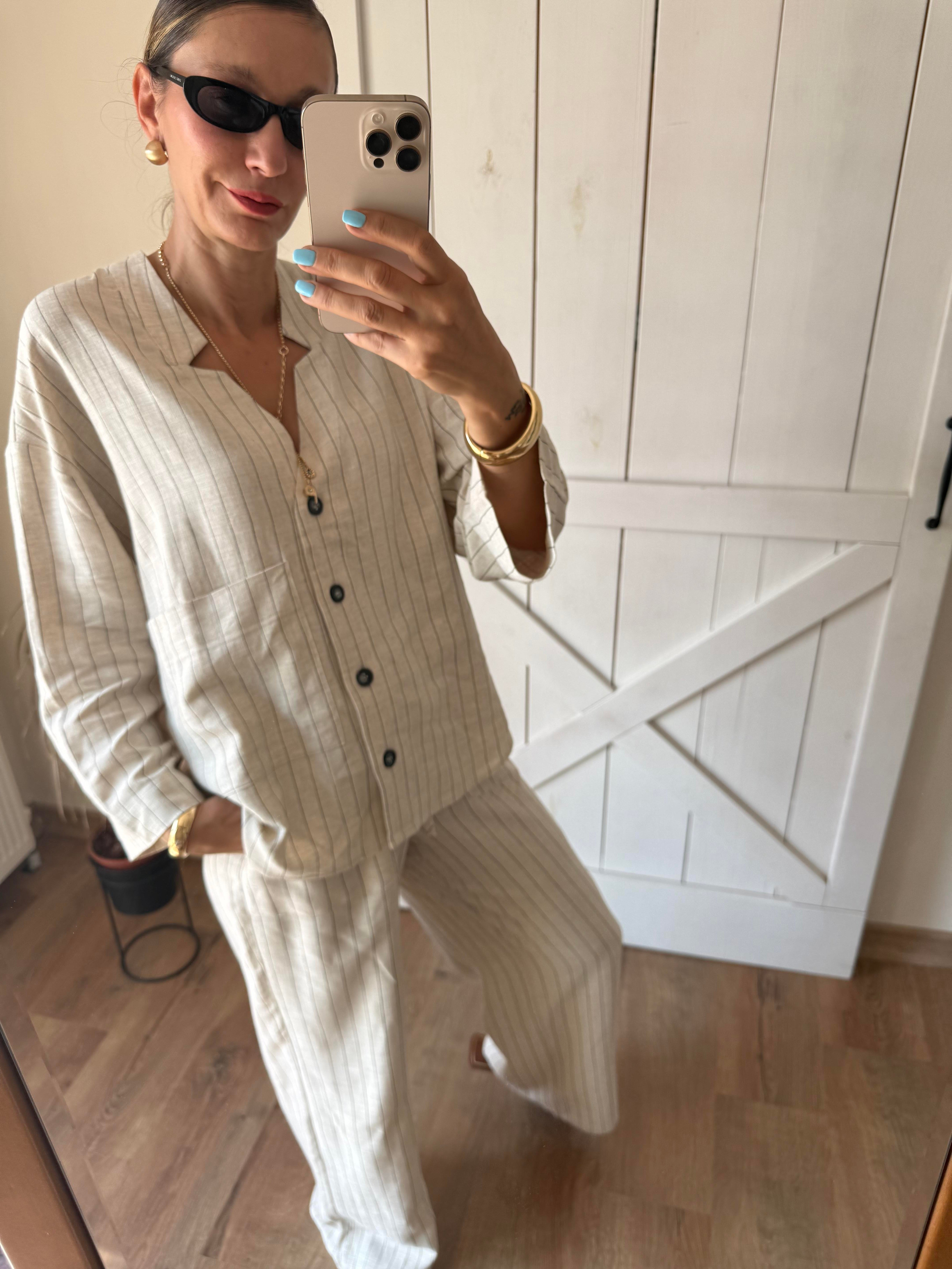 Taş V Yaka Tek Cep Detaylı Çizgili Keten Gömlek Pantolon Kos Takım