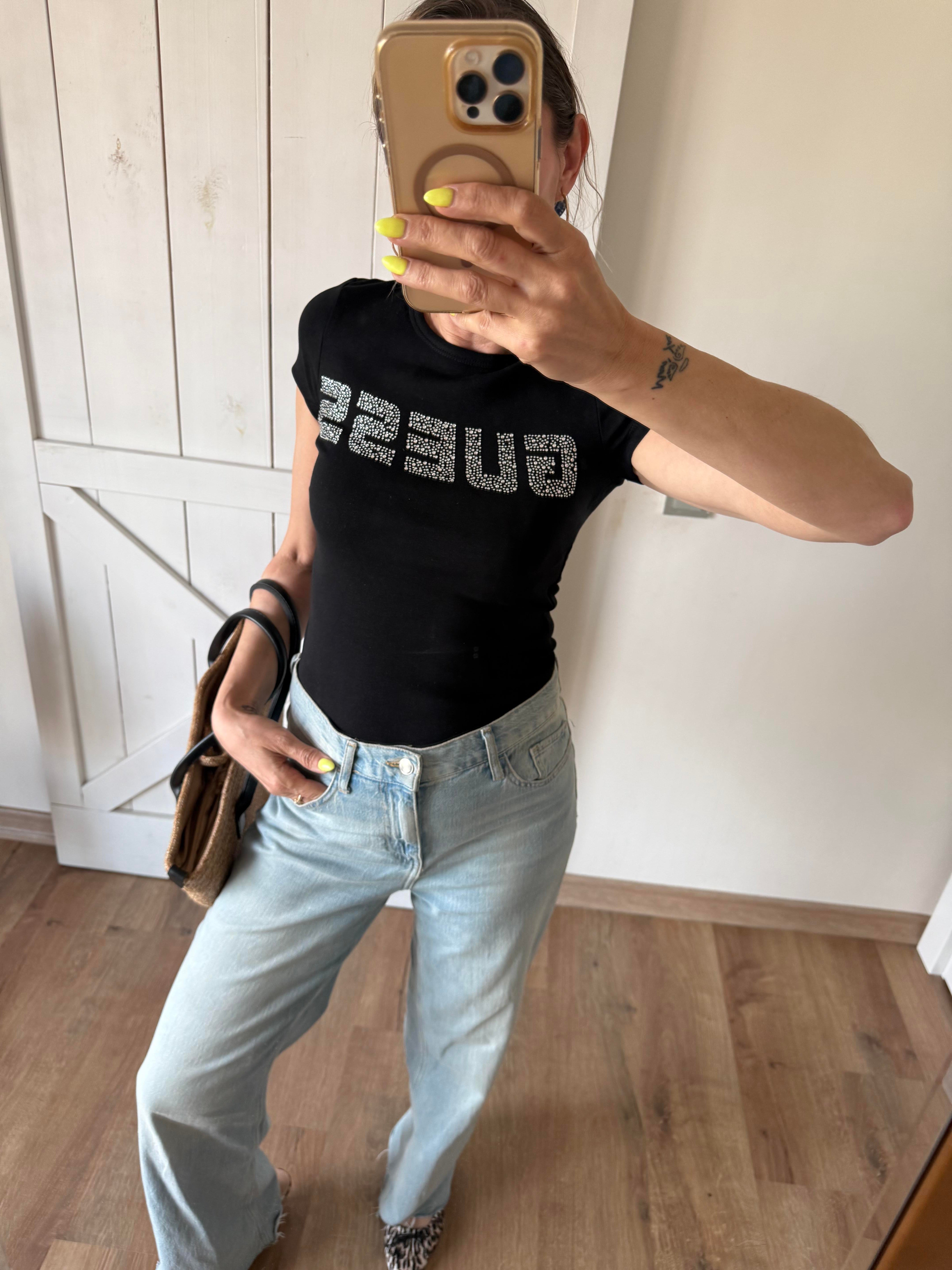 Taşlı Bisiklet Yaka Tshirt Siyah