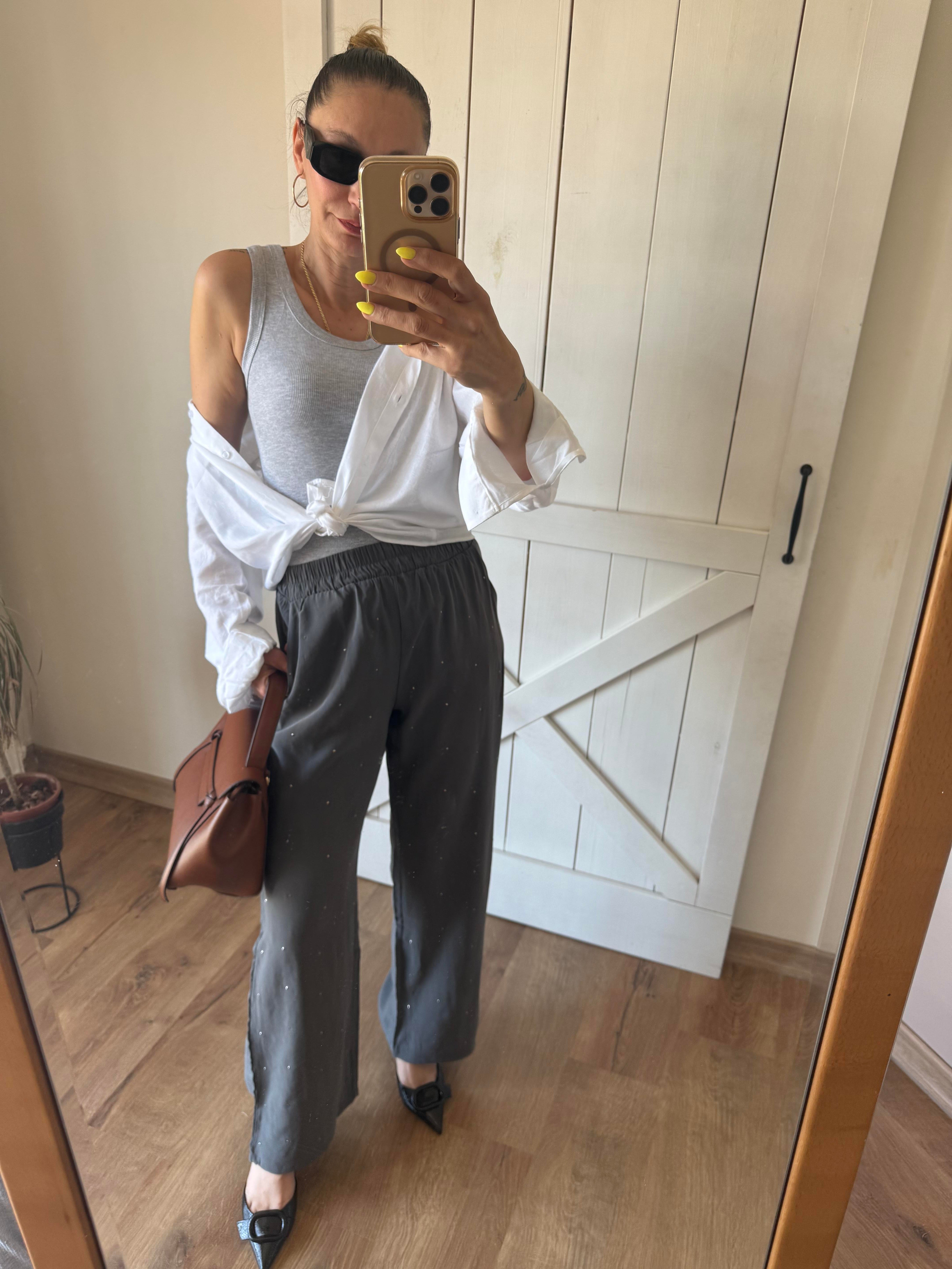 Taşlı Gri Tensel Pantolon