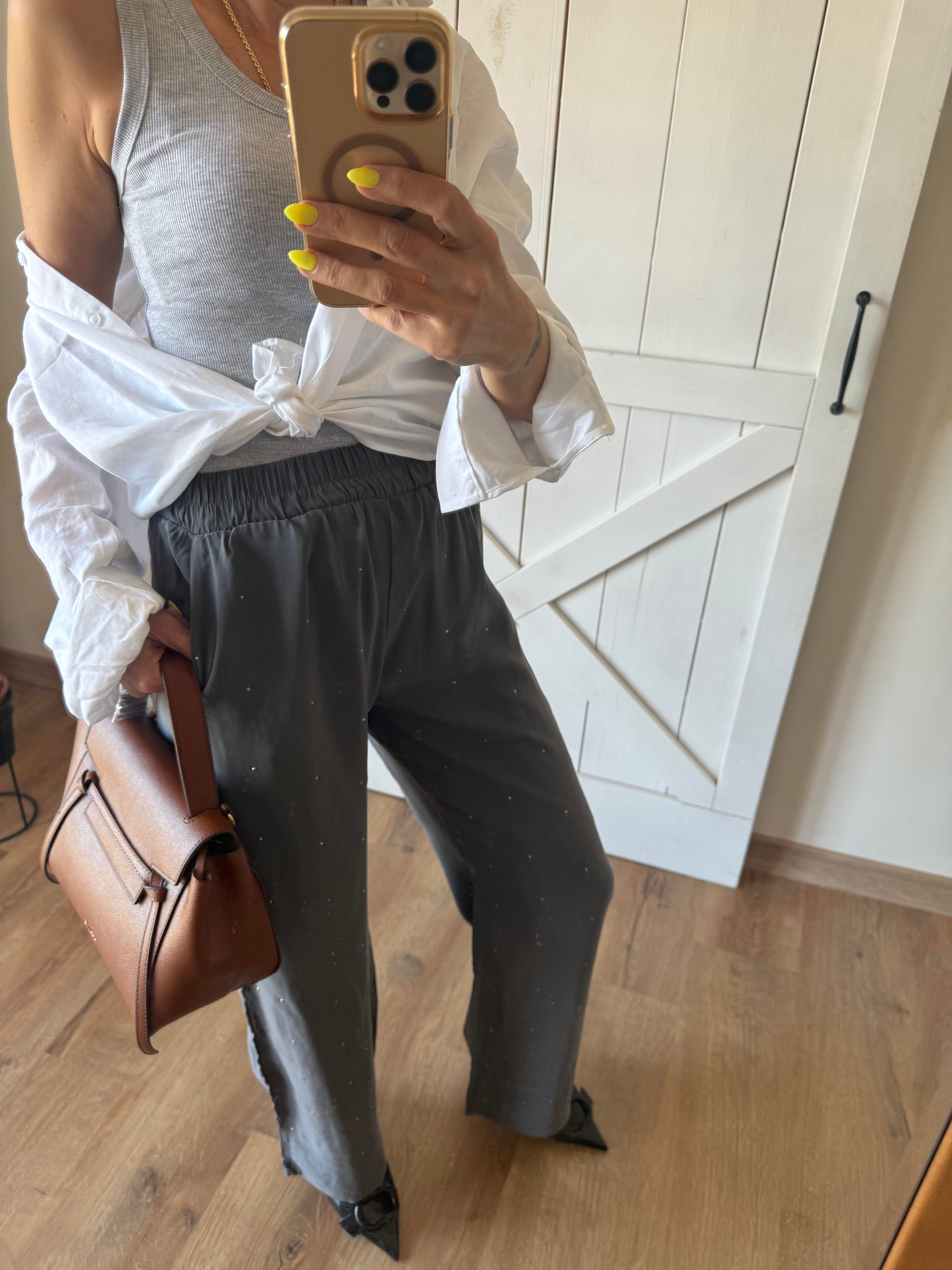 Taşlı Gri Tensel Pantolon