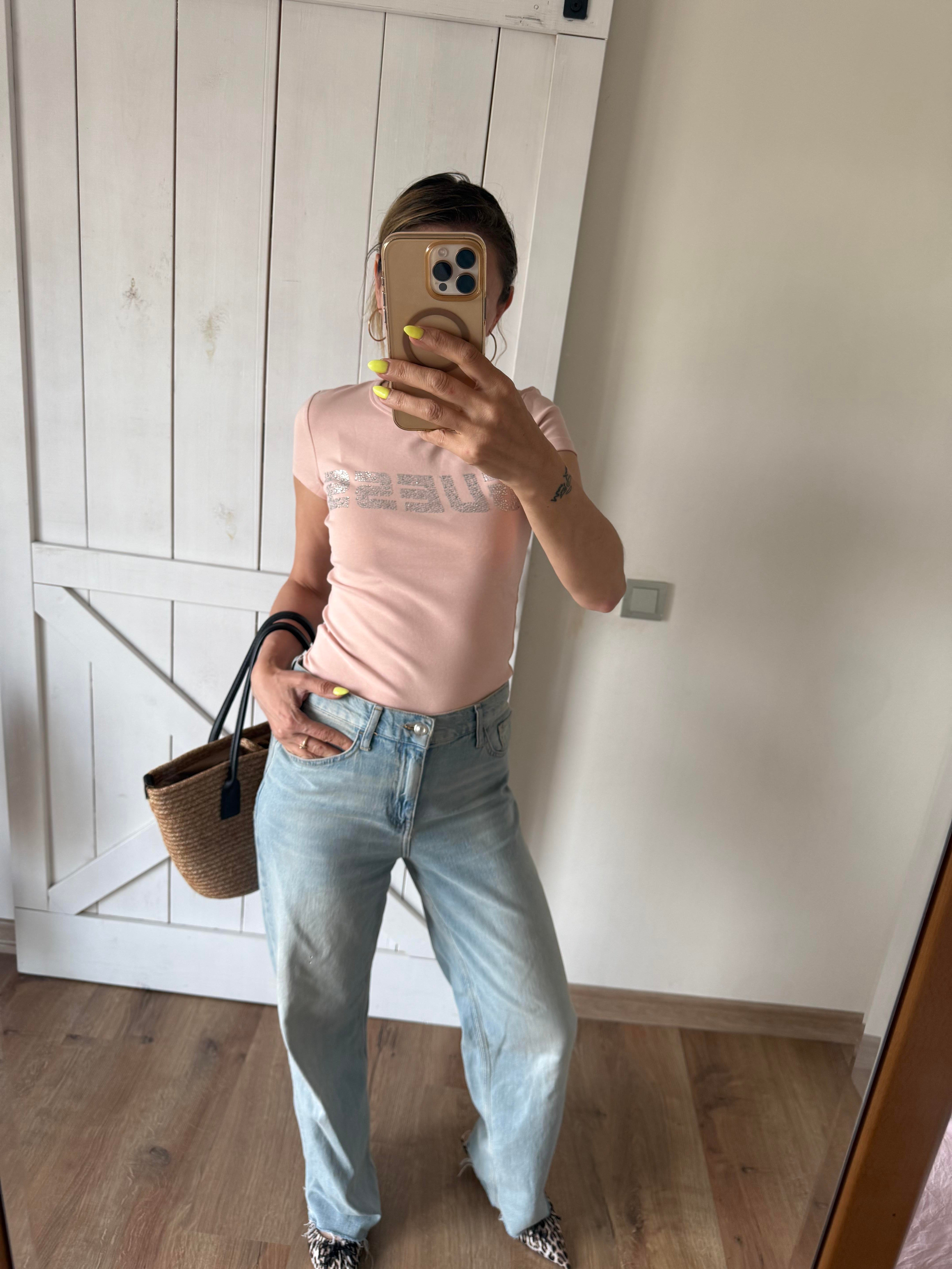 Taşlı Pudra Bisiklet Yaka Tshirt