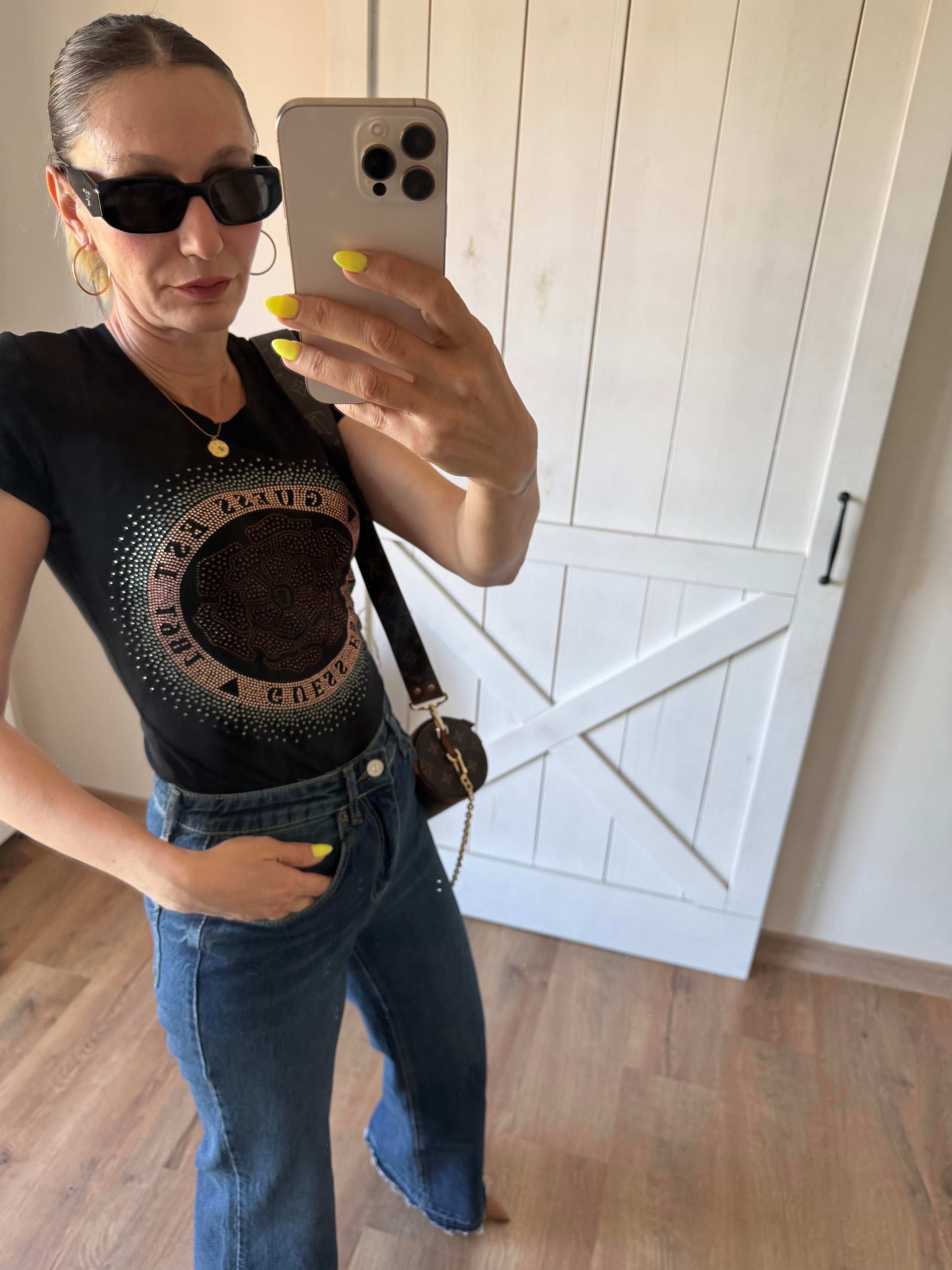 Taşlı Siyah Streç Tshirt