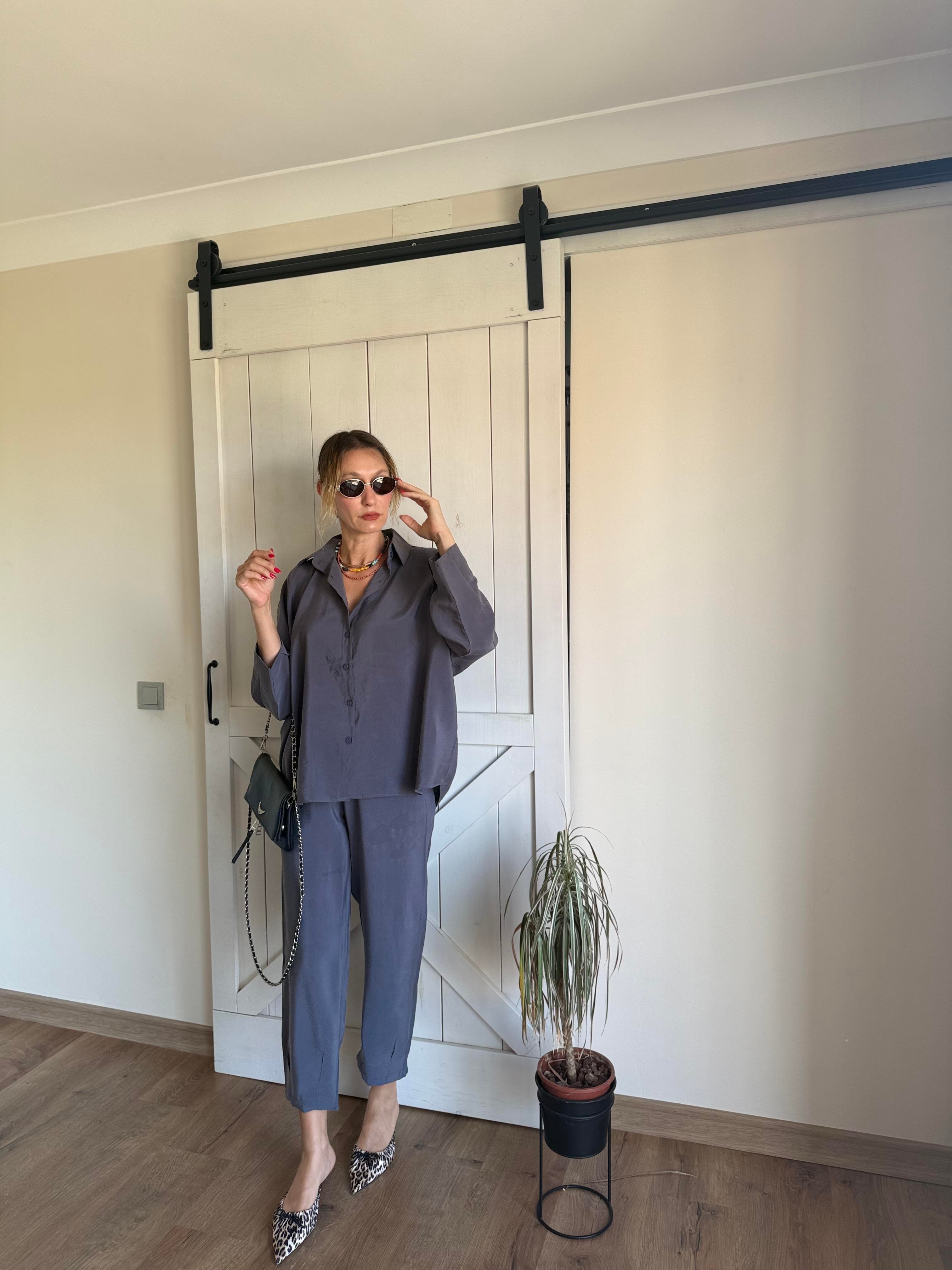 Tensel Gri Pensli Gömlek Pantolon Takım