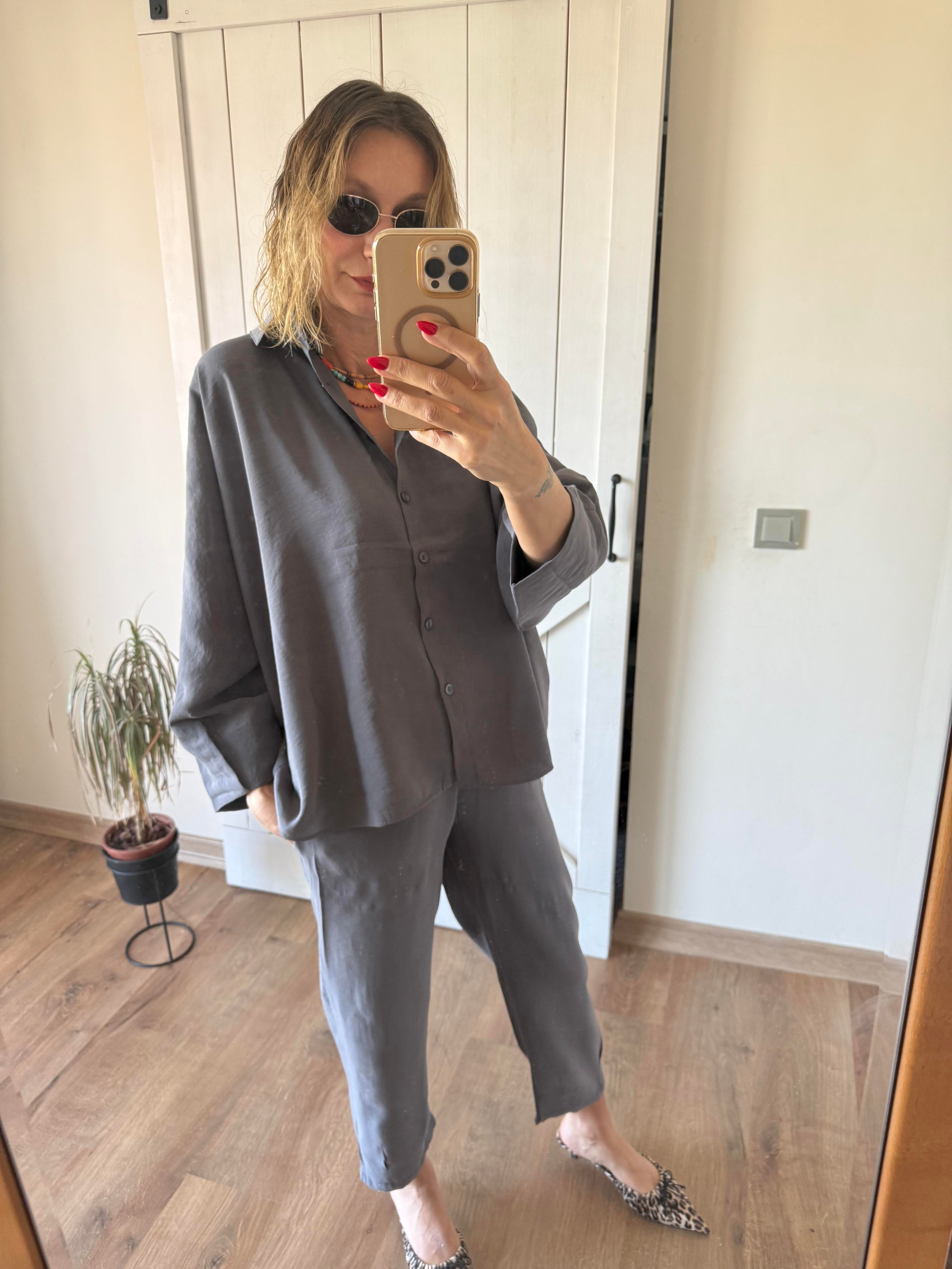 Tensel Gri Pensli Gömlek Pantolon Takım