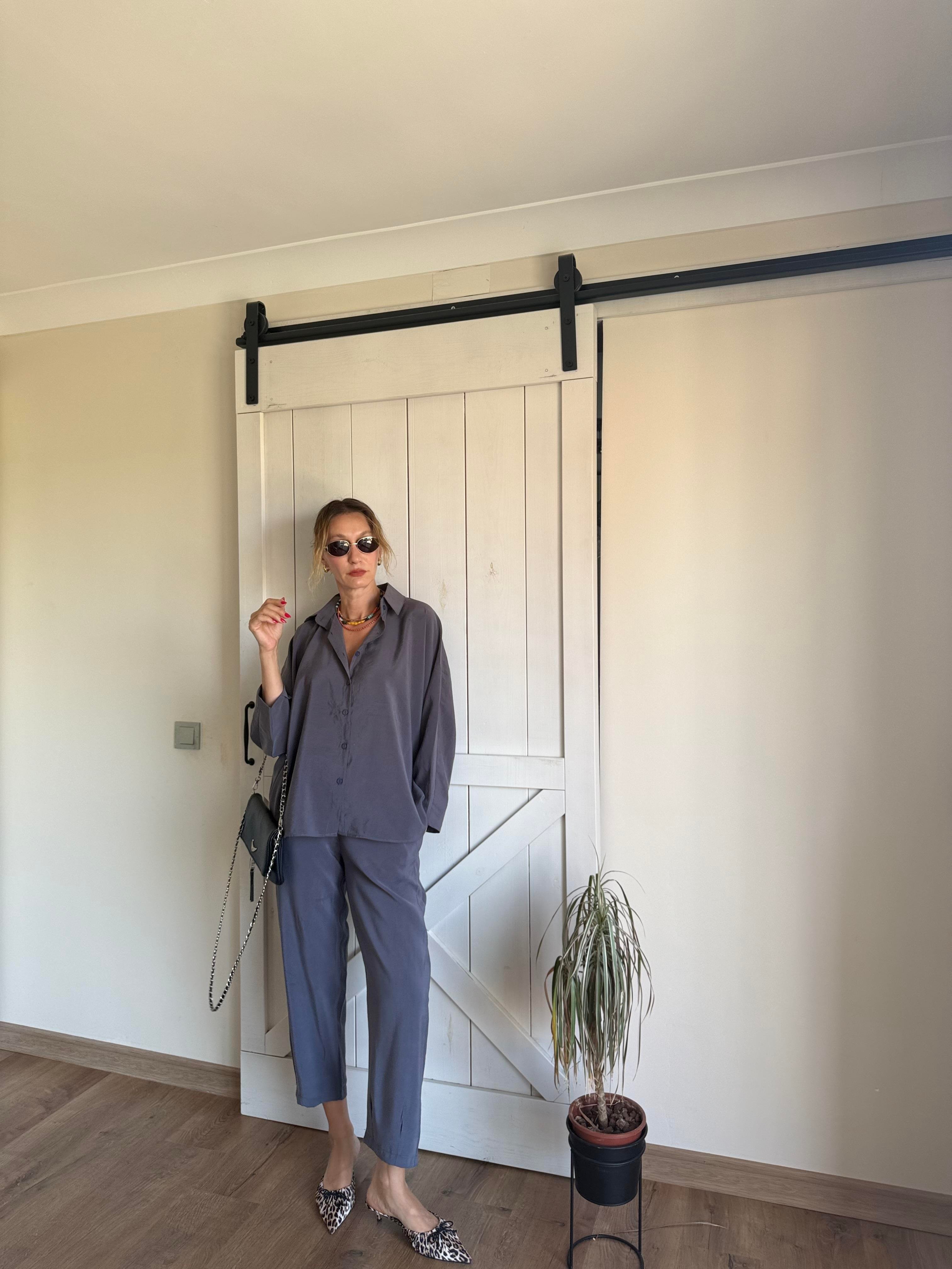 Tensel Gri Pensli Gömlek Pantolon Takım