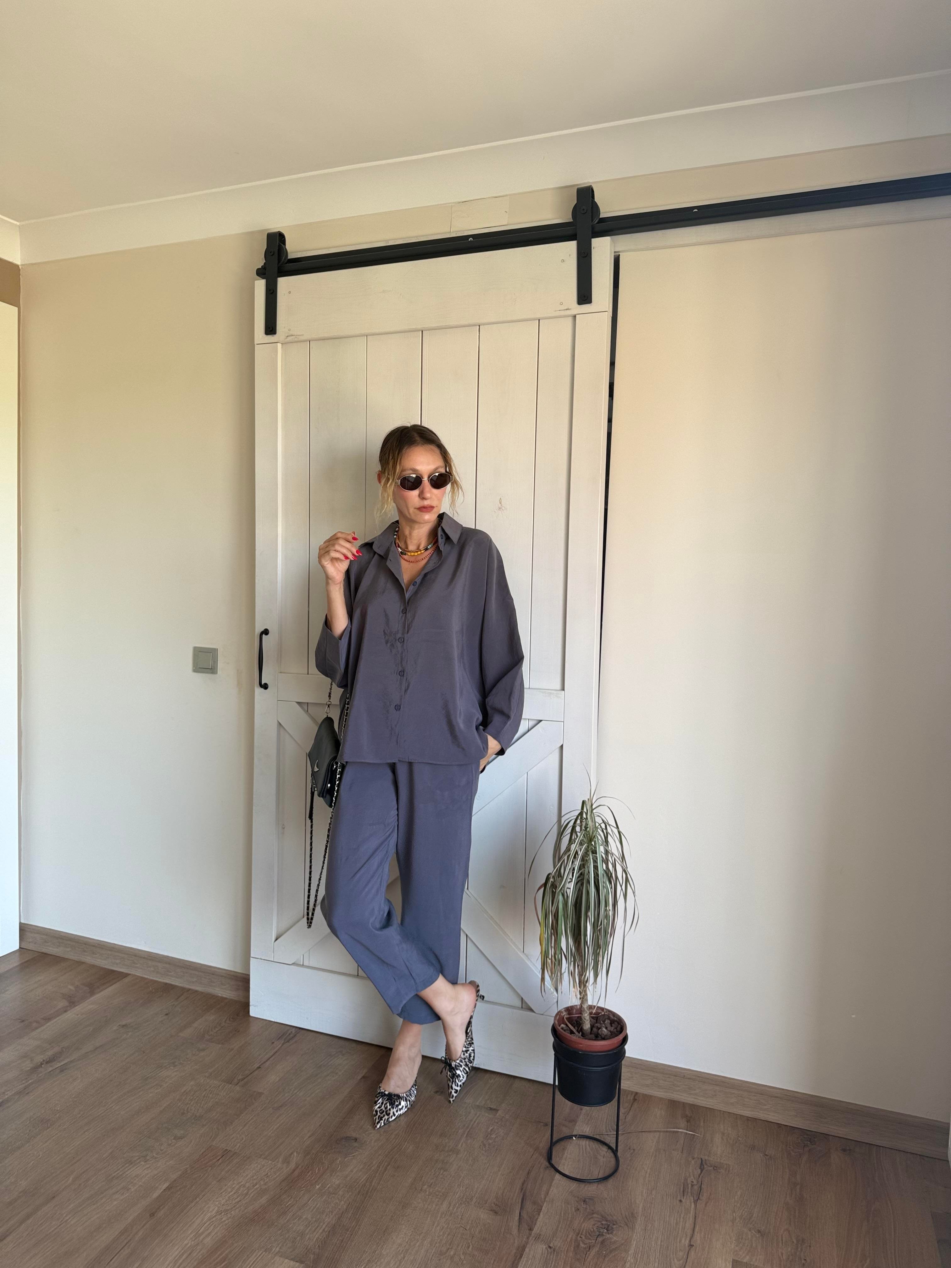 Tensel Gri Pensli Gömlek Pantolon Takım