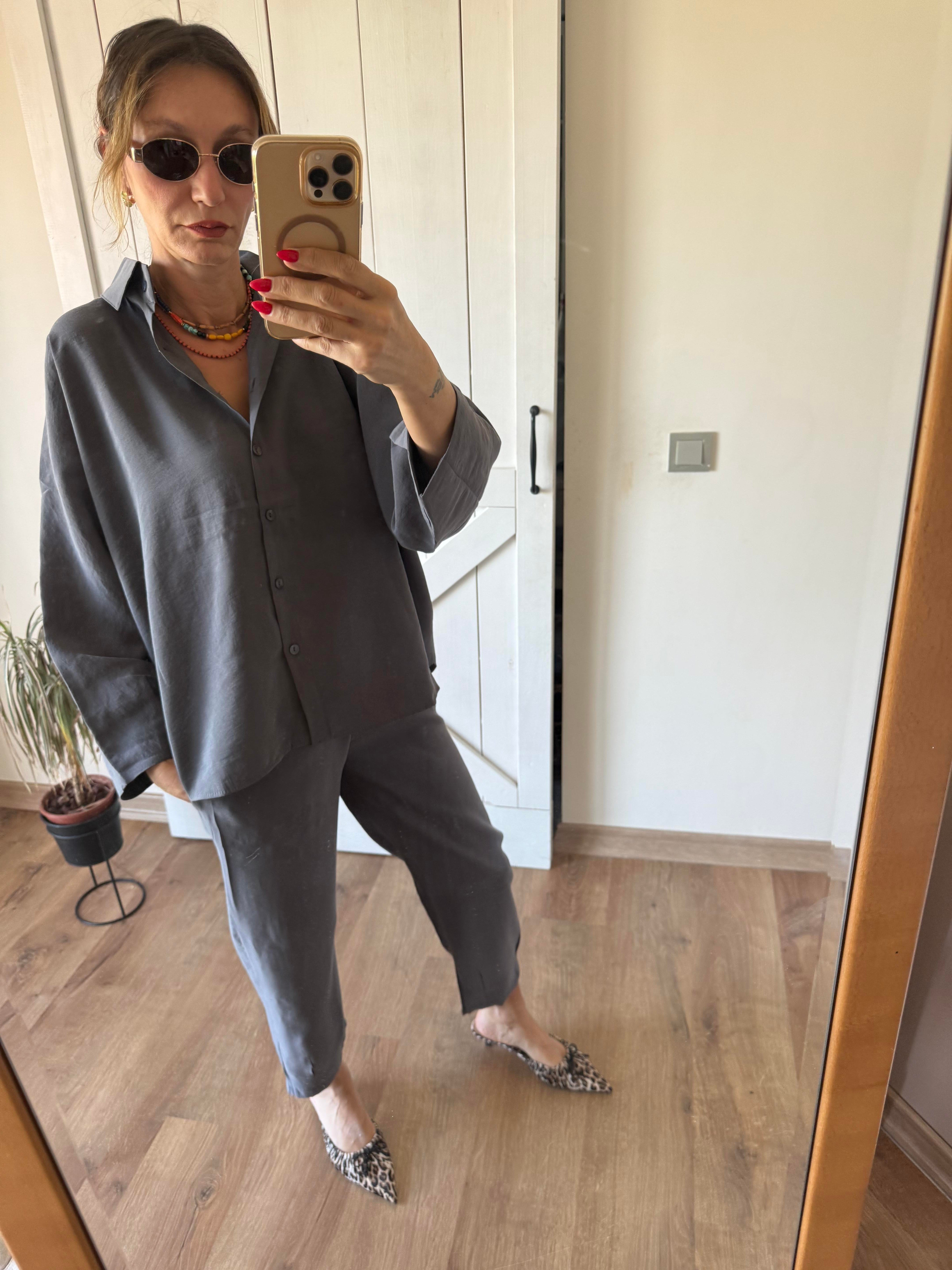 Tensel Gri Pensli Gömlek Pantolon Takım