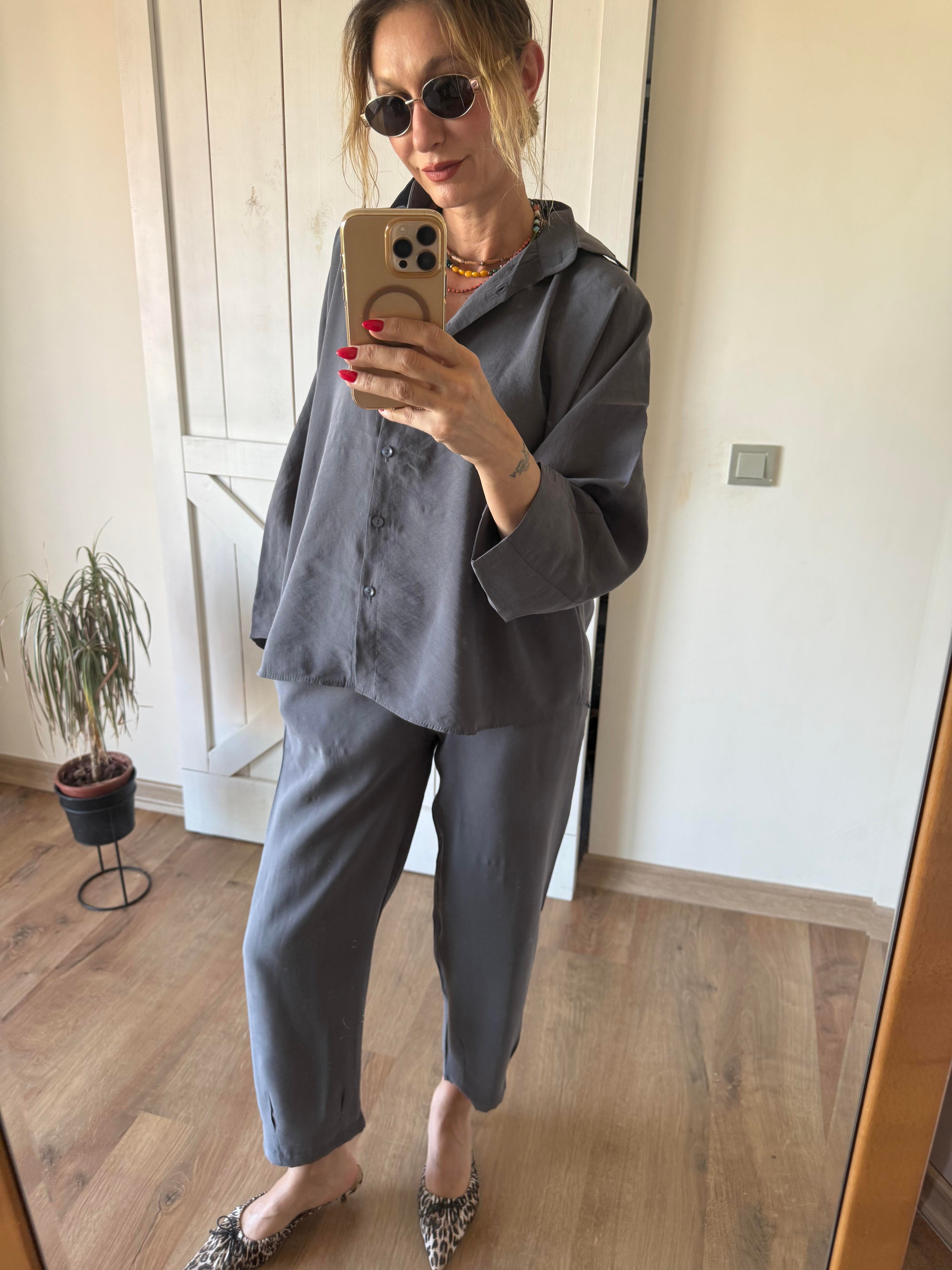 Tensel Gri Pensli Gömlek Pantolon Takım