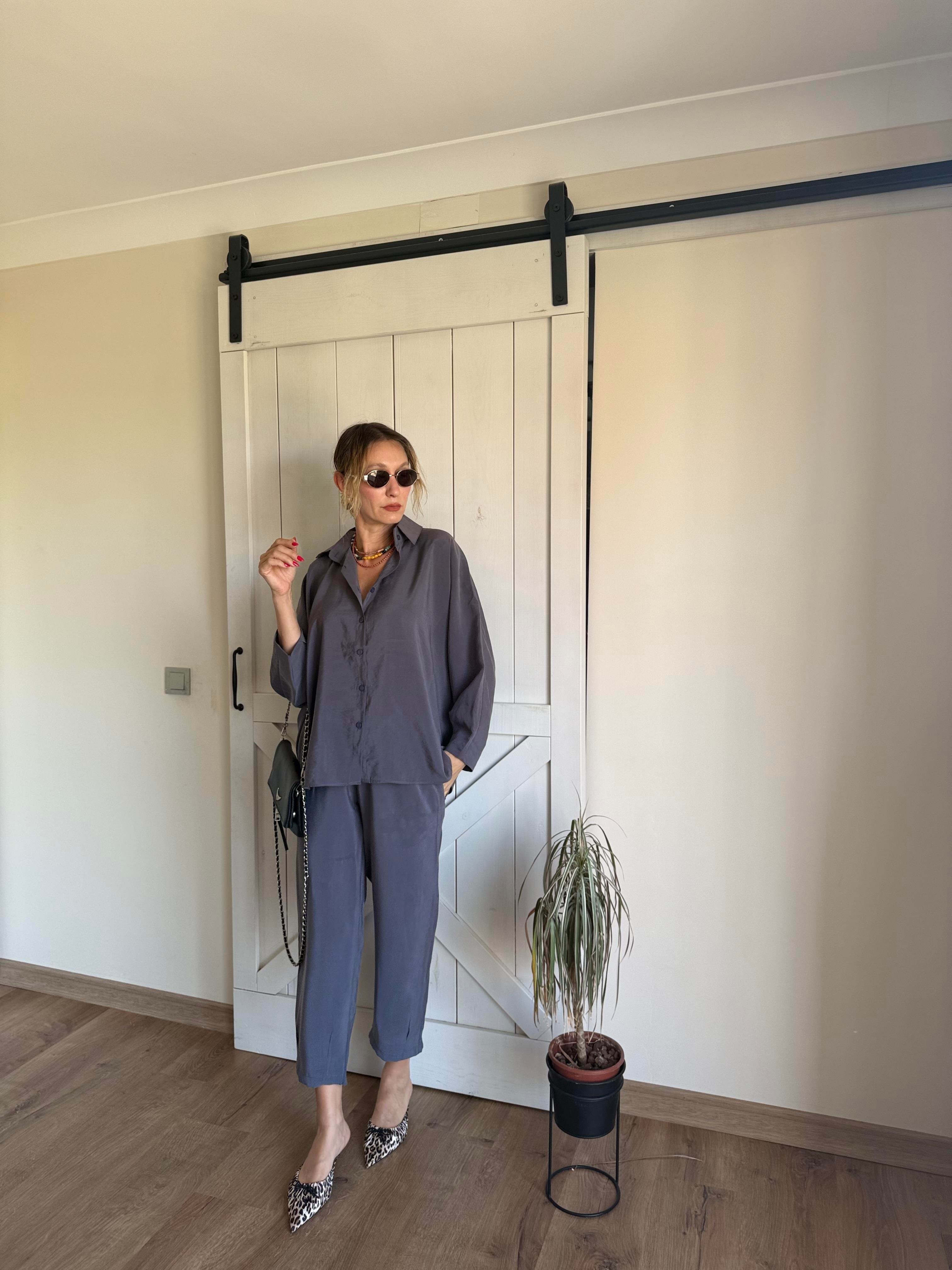 Tensel Gri Pensli Gömlek Pantolon Takım