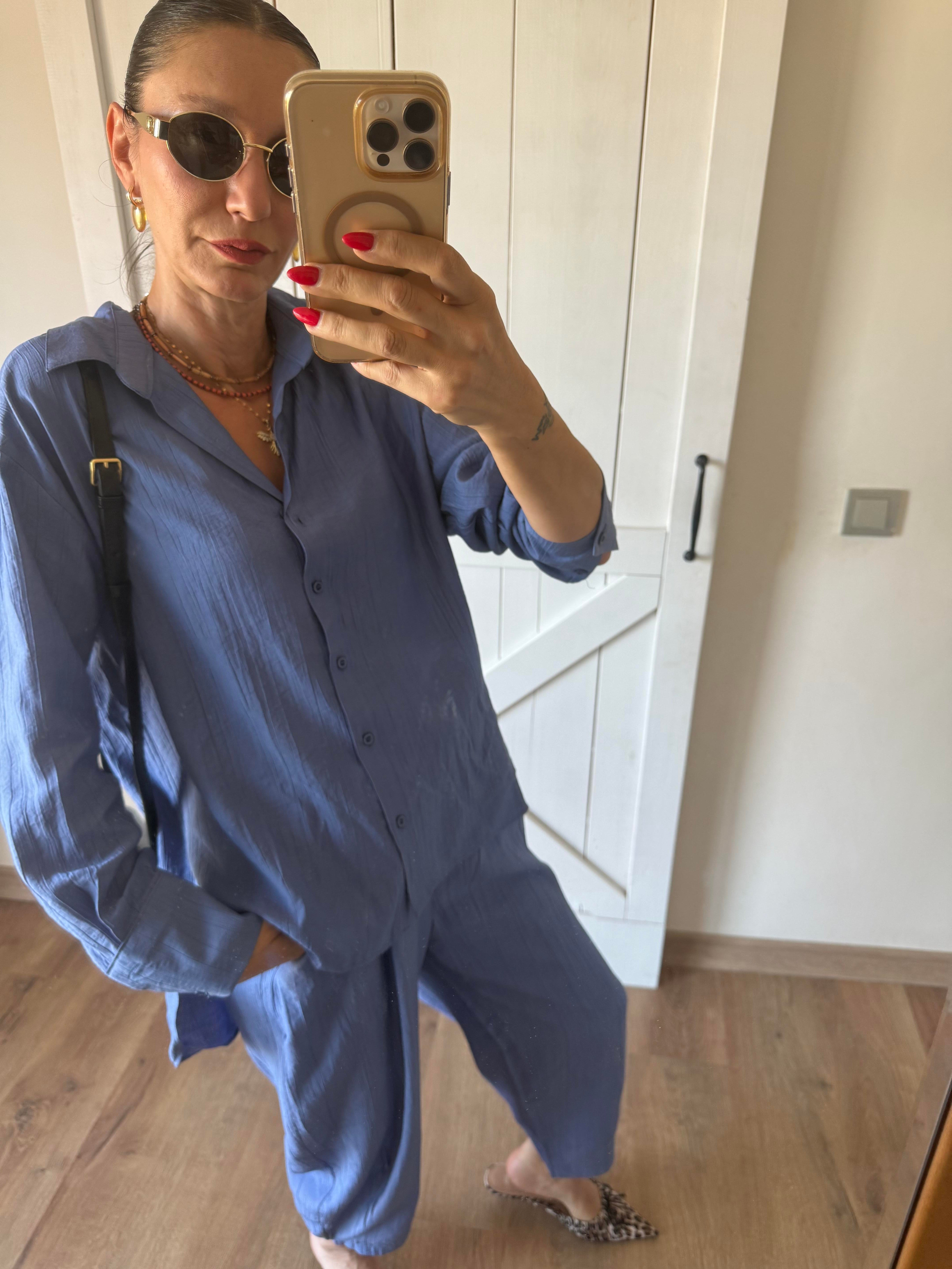 Tensel Kumaş Gök Mavi Gömlek Pantolon Takım