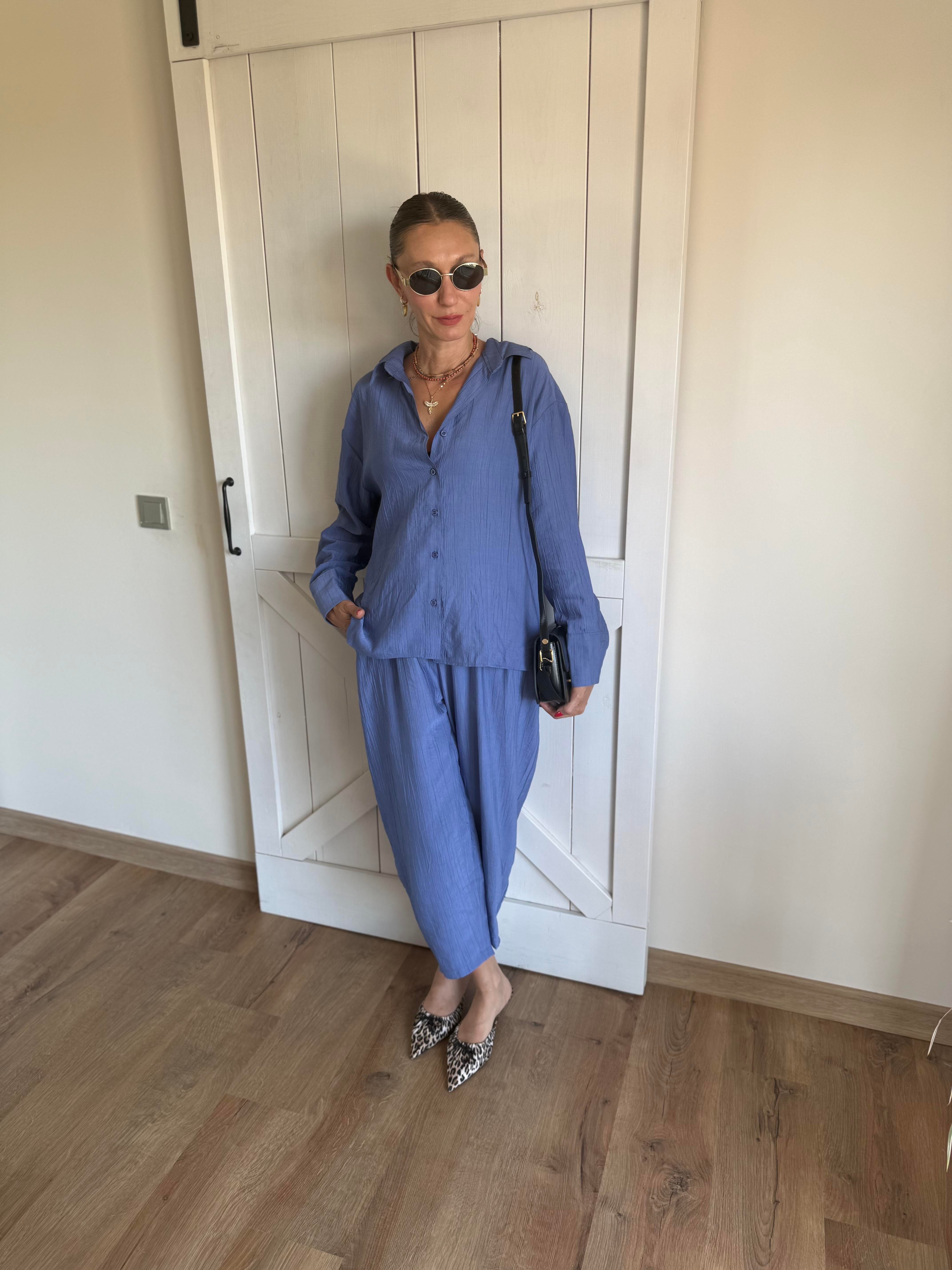 Tensel Kumaş Gök Mavi Gömlek Pantolon Takım