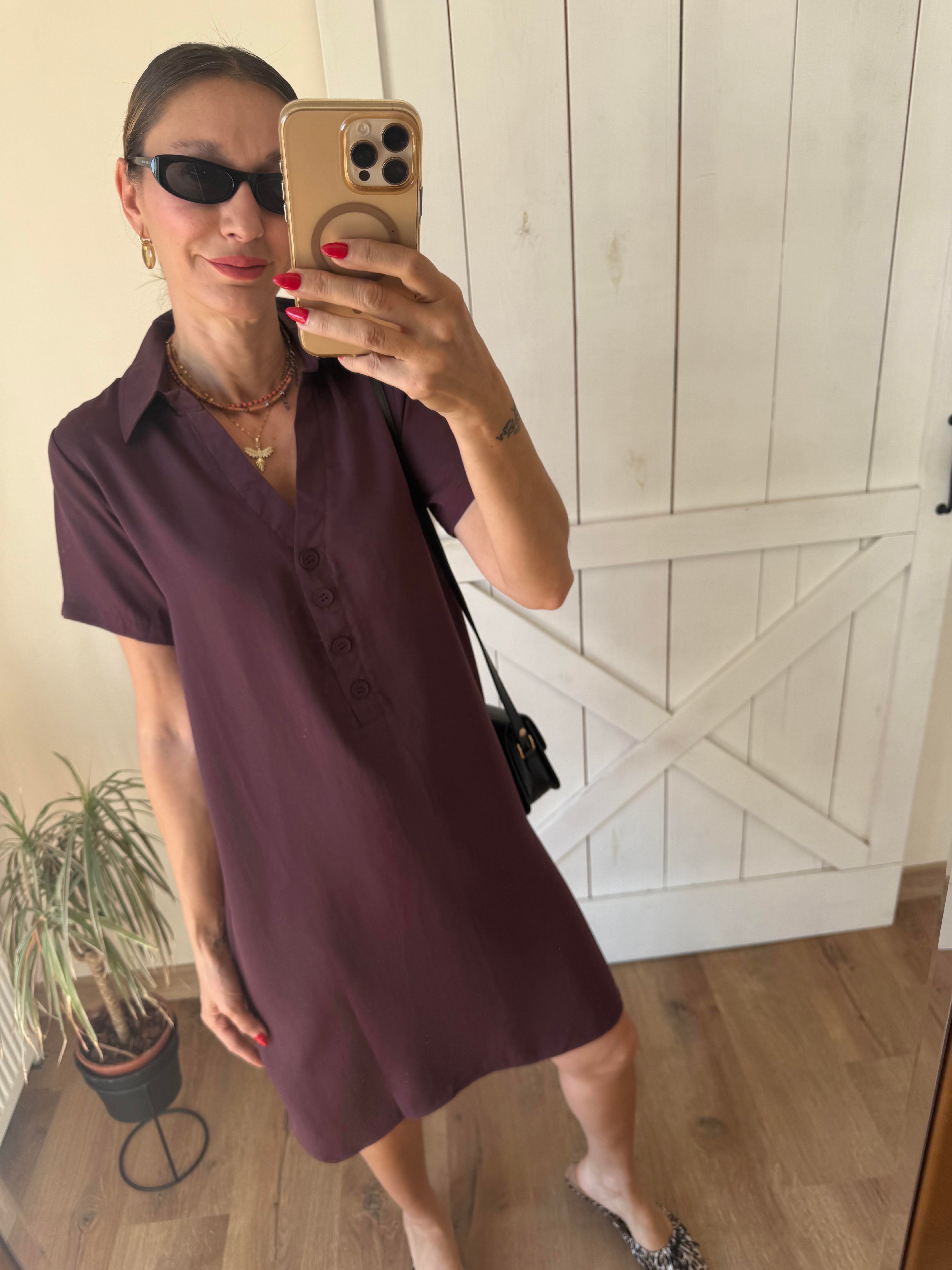 Tensel Mini Dört Düğmeli Bordo Elbise