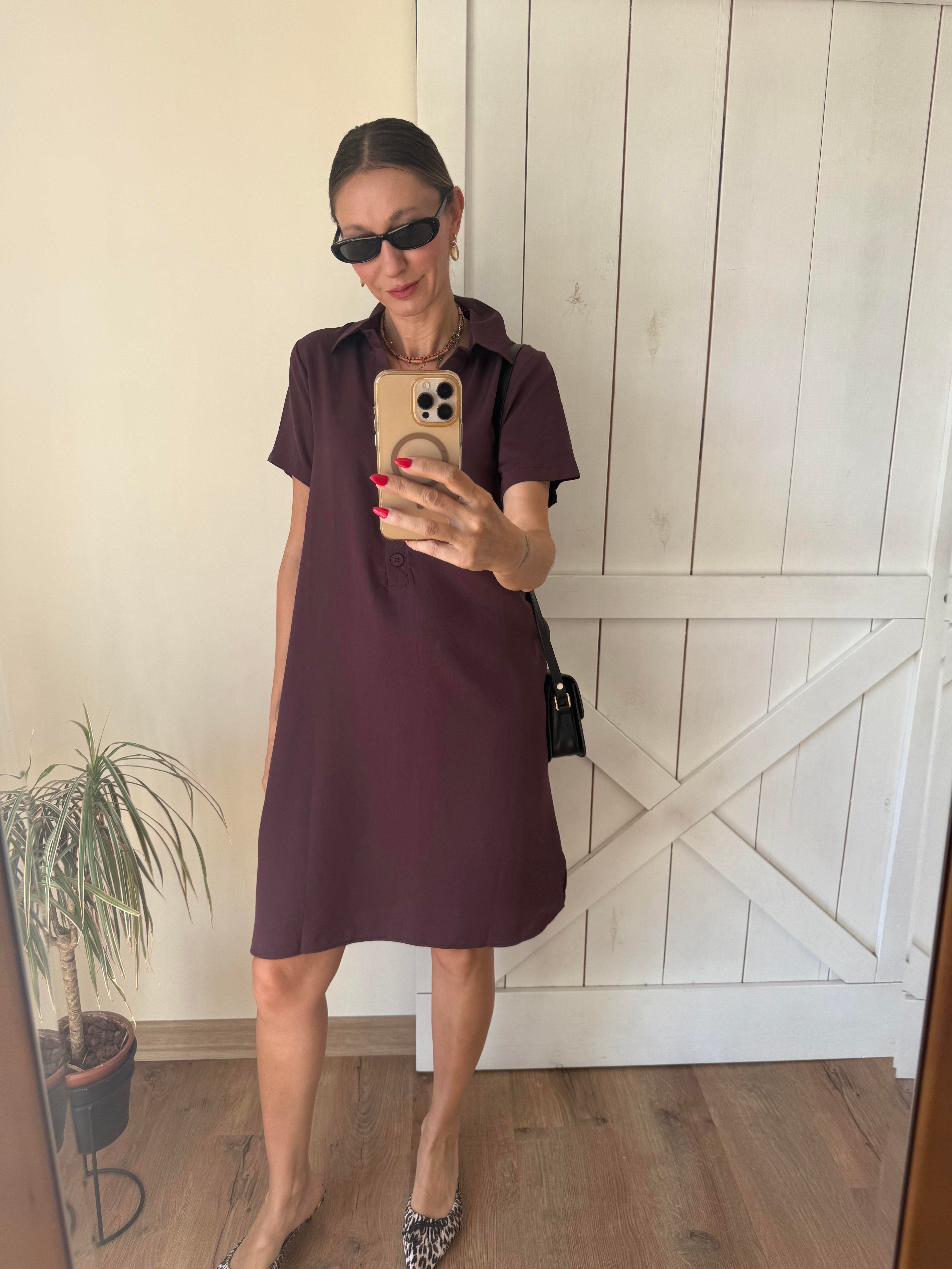 Tensel Mini Dört Düğmeli Bordo Elbise